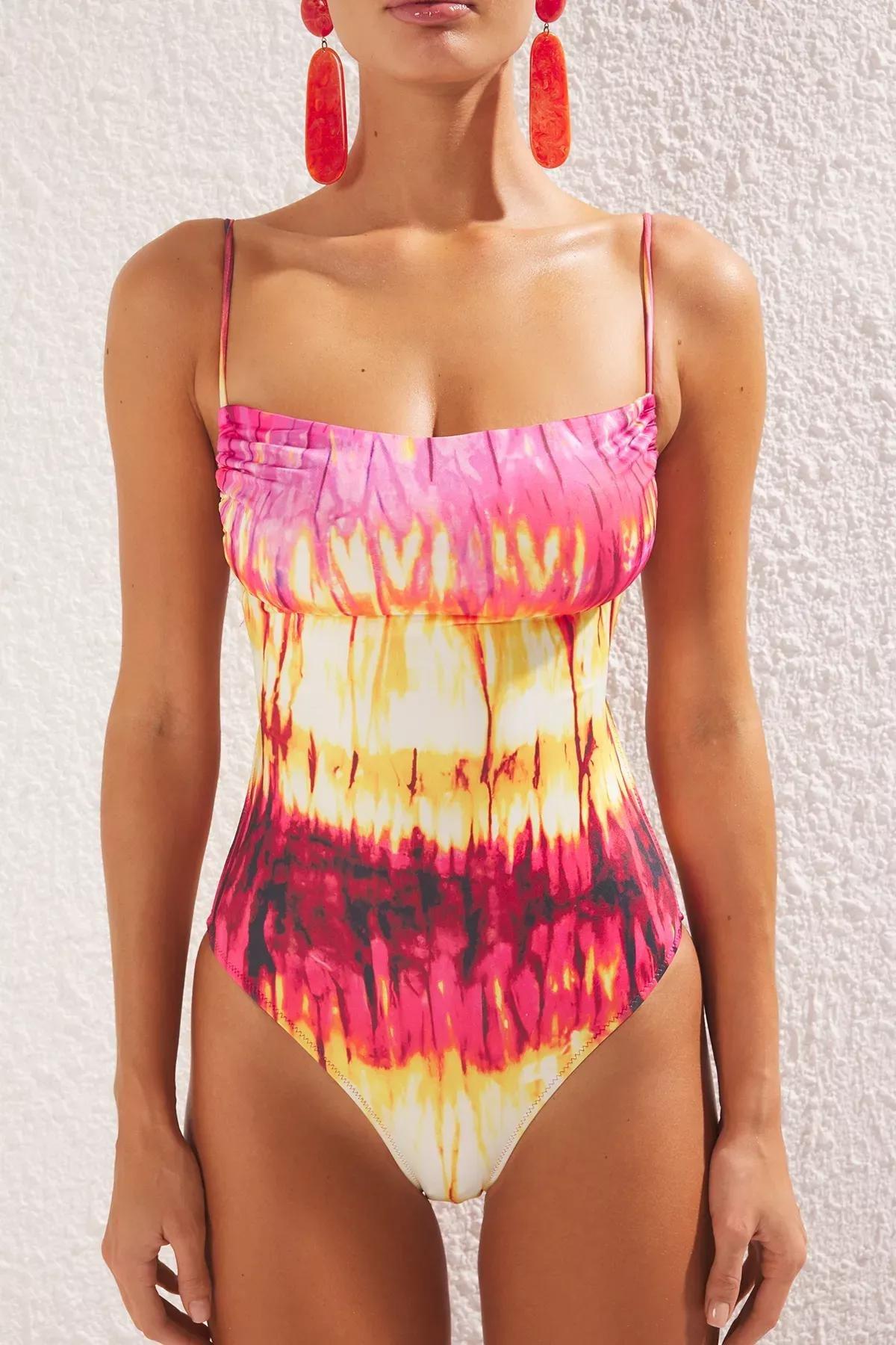 Pink Abstract Patterned Backless Swimsuit, , large image number 2
