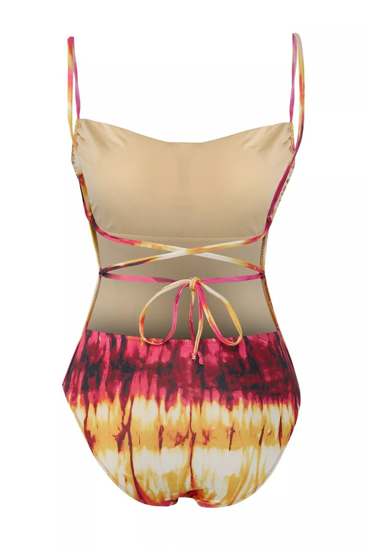 Pink Abstract Patterned Backless Swimsuit, , large image number 5