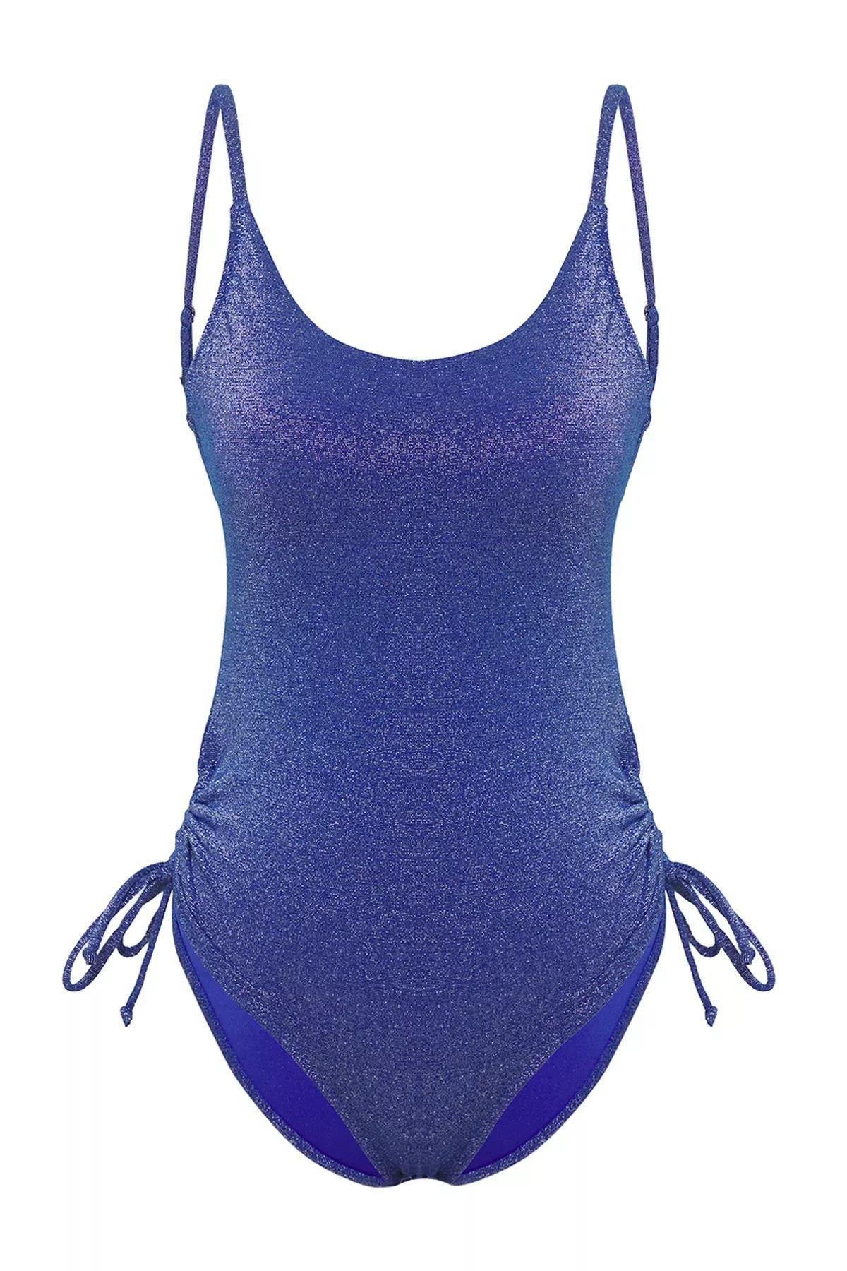 Blue U-Neck Tunneled Glittery Swimsuit, C101_6714, large image number 0