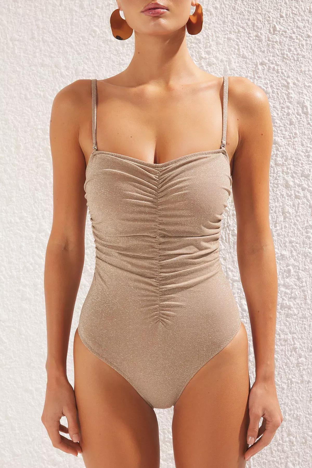 Brown Strapless Draped Glitter Swimsuit, , large image number 2