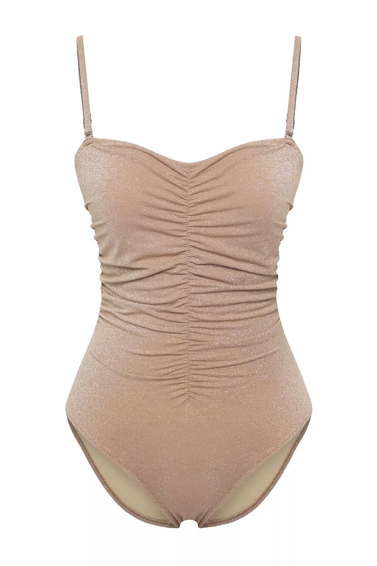Brown Strapless Draped Glitter Swimsuit, , large image number 4