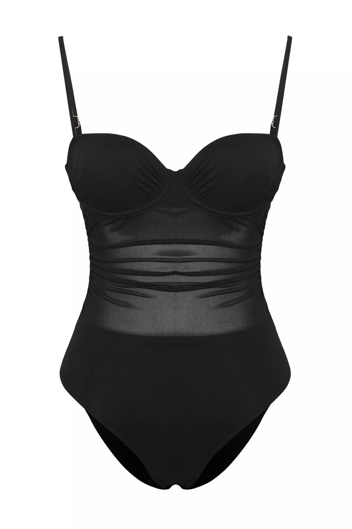 Black Balcony Mesh Detailed Swimsuit, , large image number 0