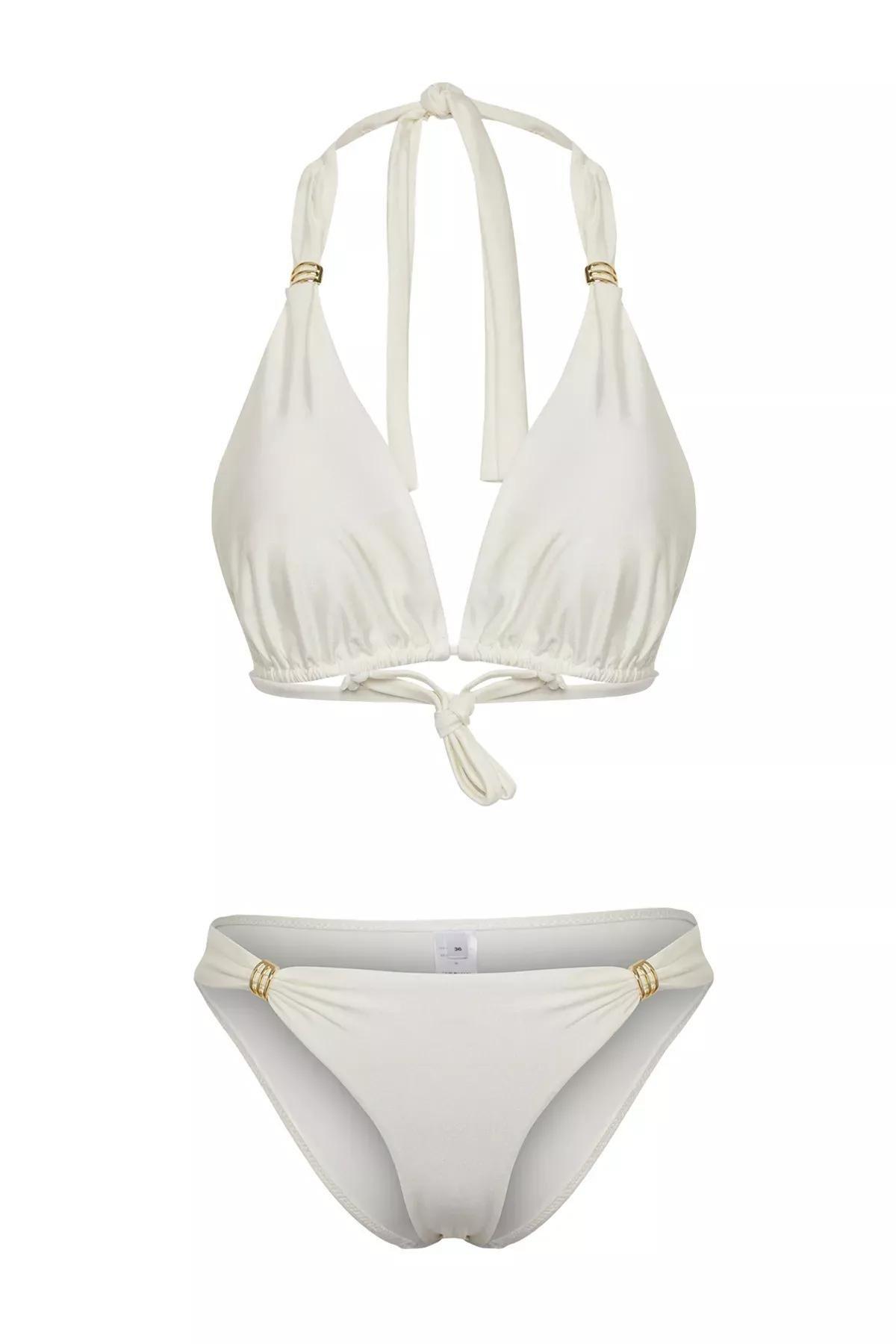Beige Triangle Accessory Shiny Bikini Set, , large image number 0