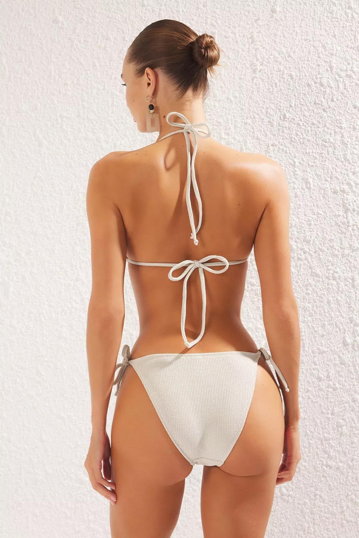Beige Triangle Textured Regular Bikini Set, , large image number 3