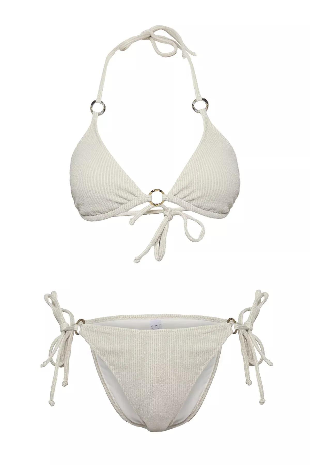 Beige Triangle Textured Regular Bikini Set, , large image number 4