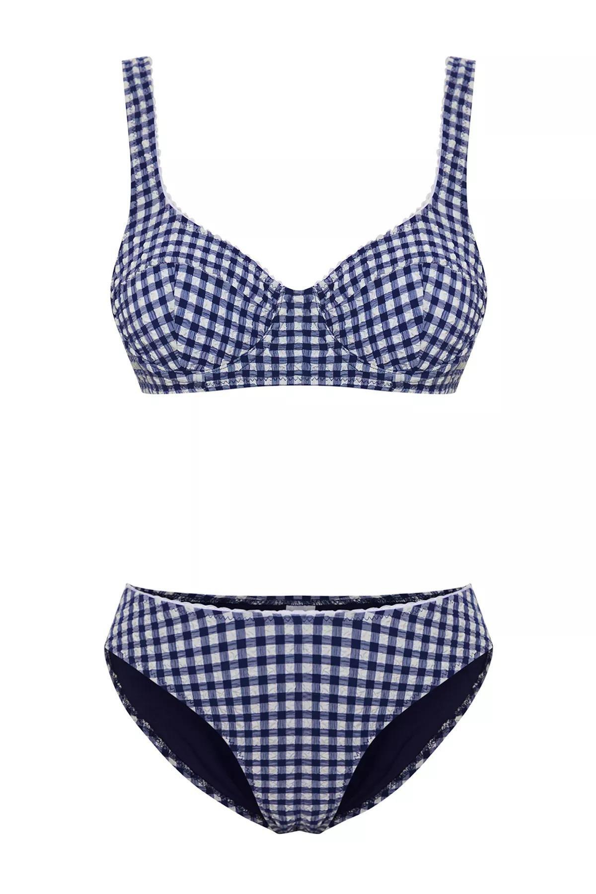 Blue Gingham Patterned Balconette Bikini Set, , large image number 4