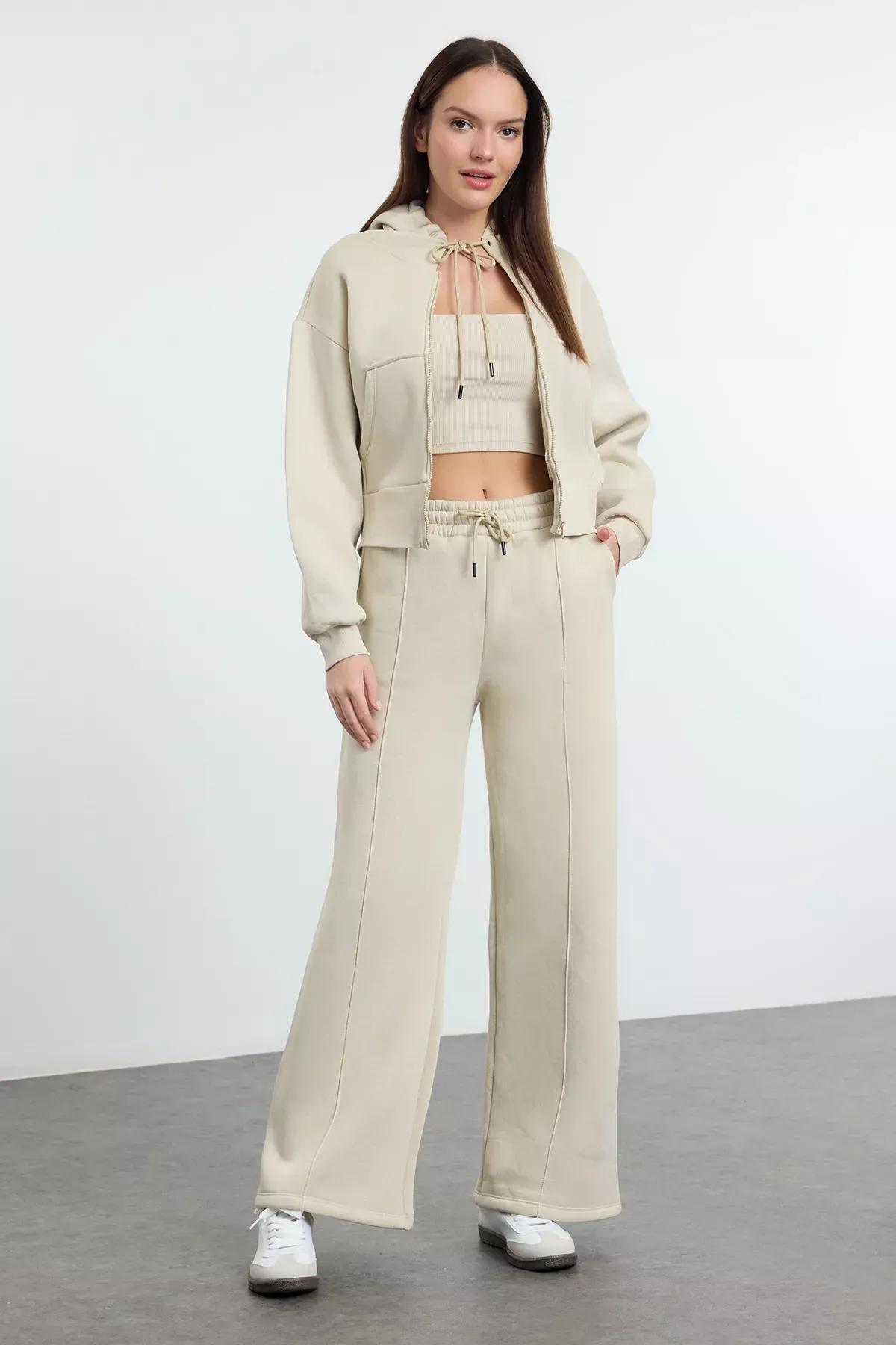 Beige Fleece Hooded Tracksuit Set, , large image number 0