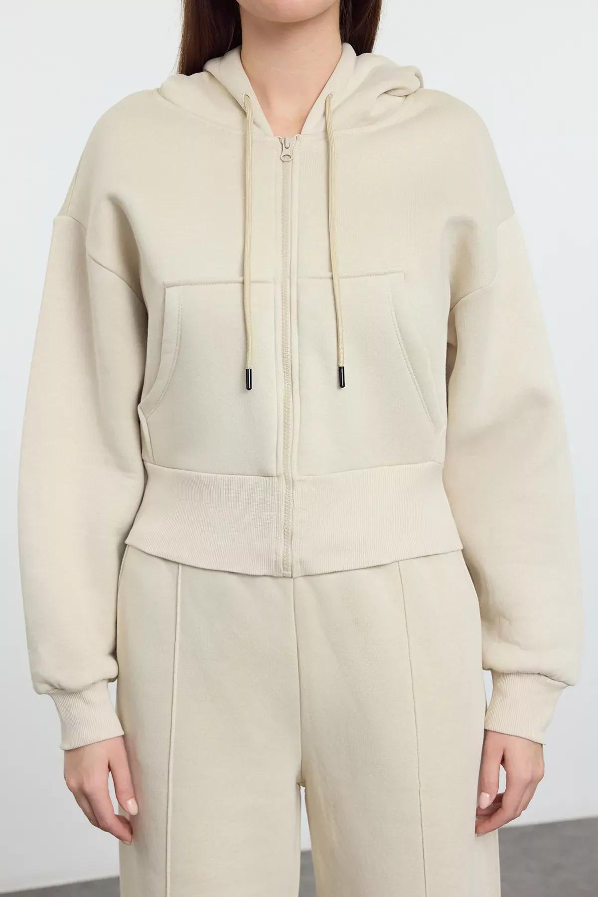 Beige Fleece Hooded Tracksuit Set, STONE, medium