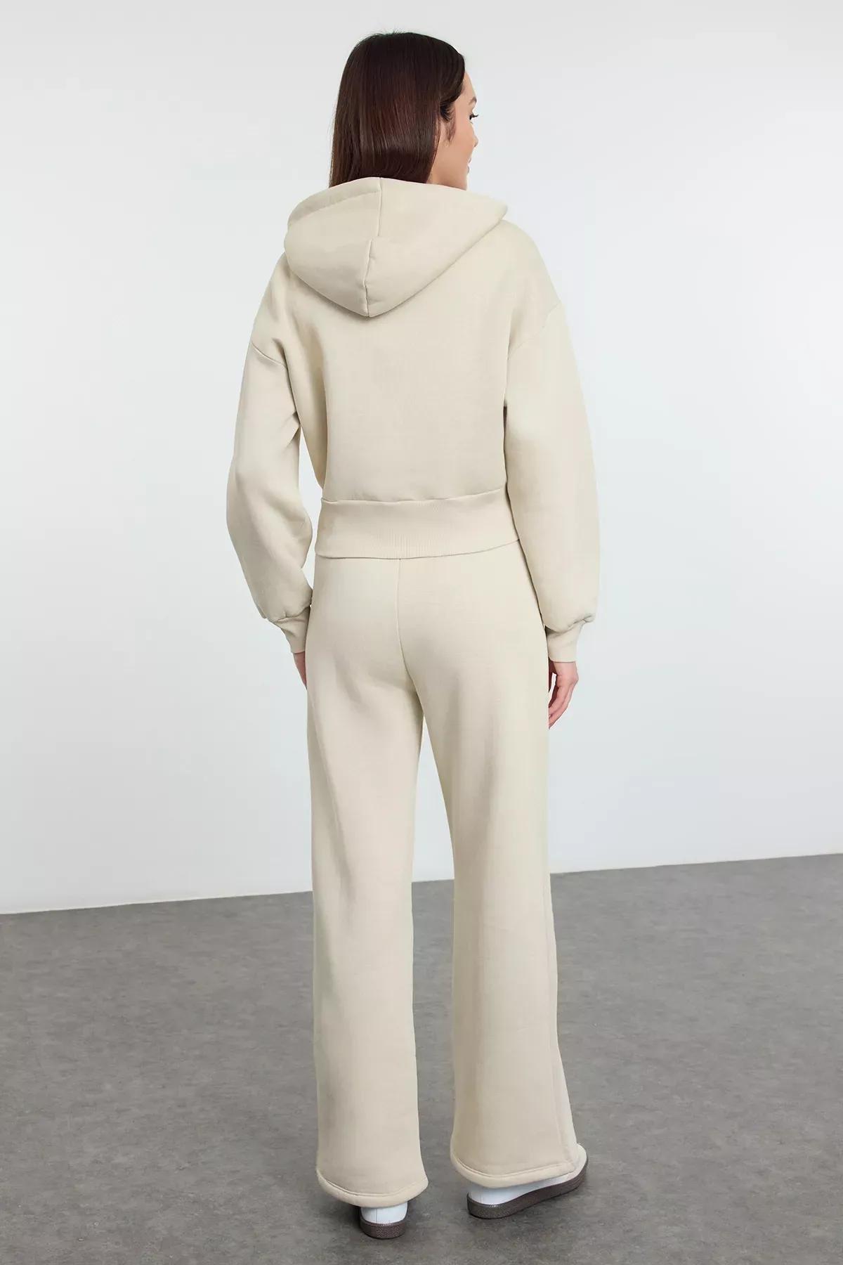 Beige Fleece Hooded Tracksuit Set, STONE, large image number 4