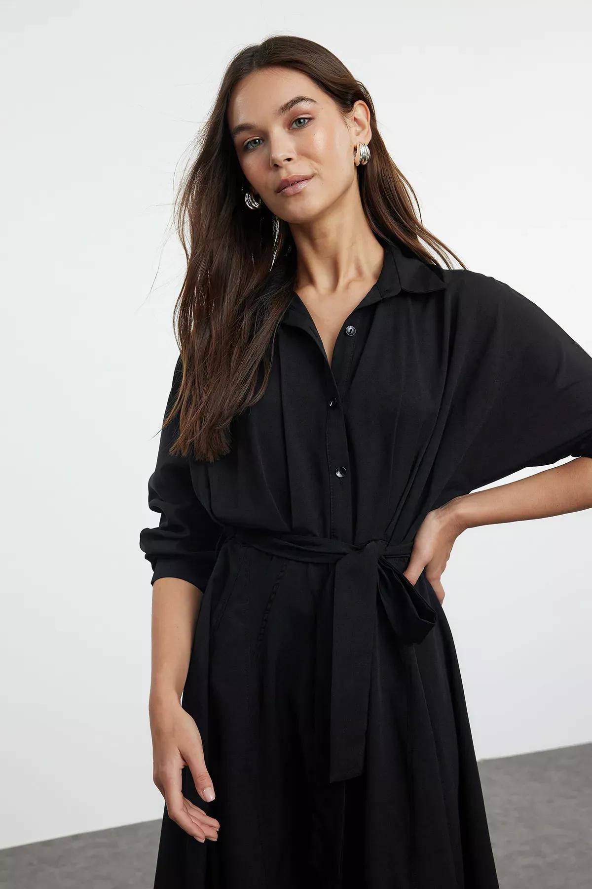 Black Belted Midi Shirt Dress, BLACK, large image number 1