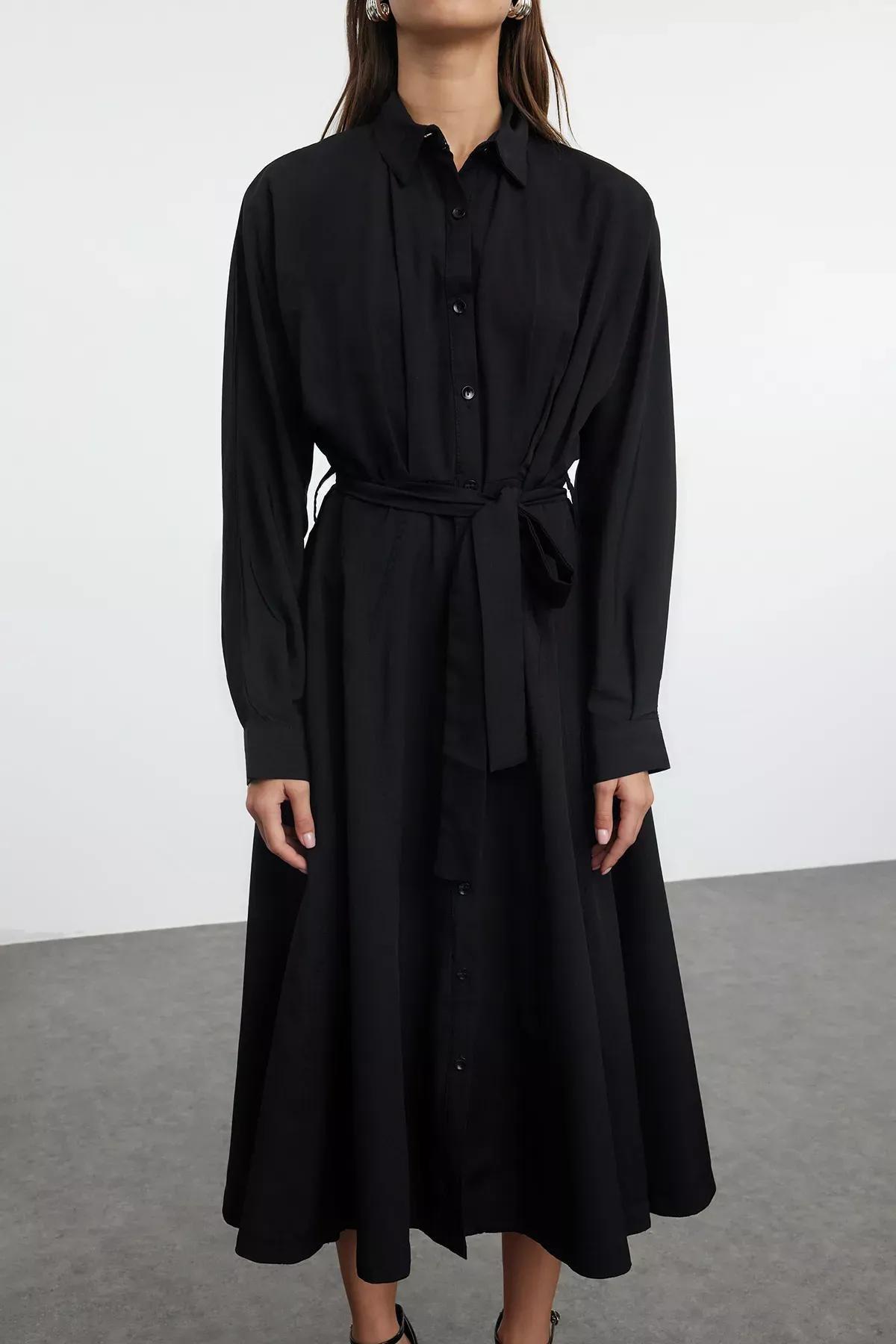 Black Belted Midi Shirt Dress, BLACK, large image number 2
