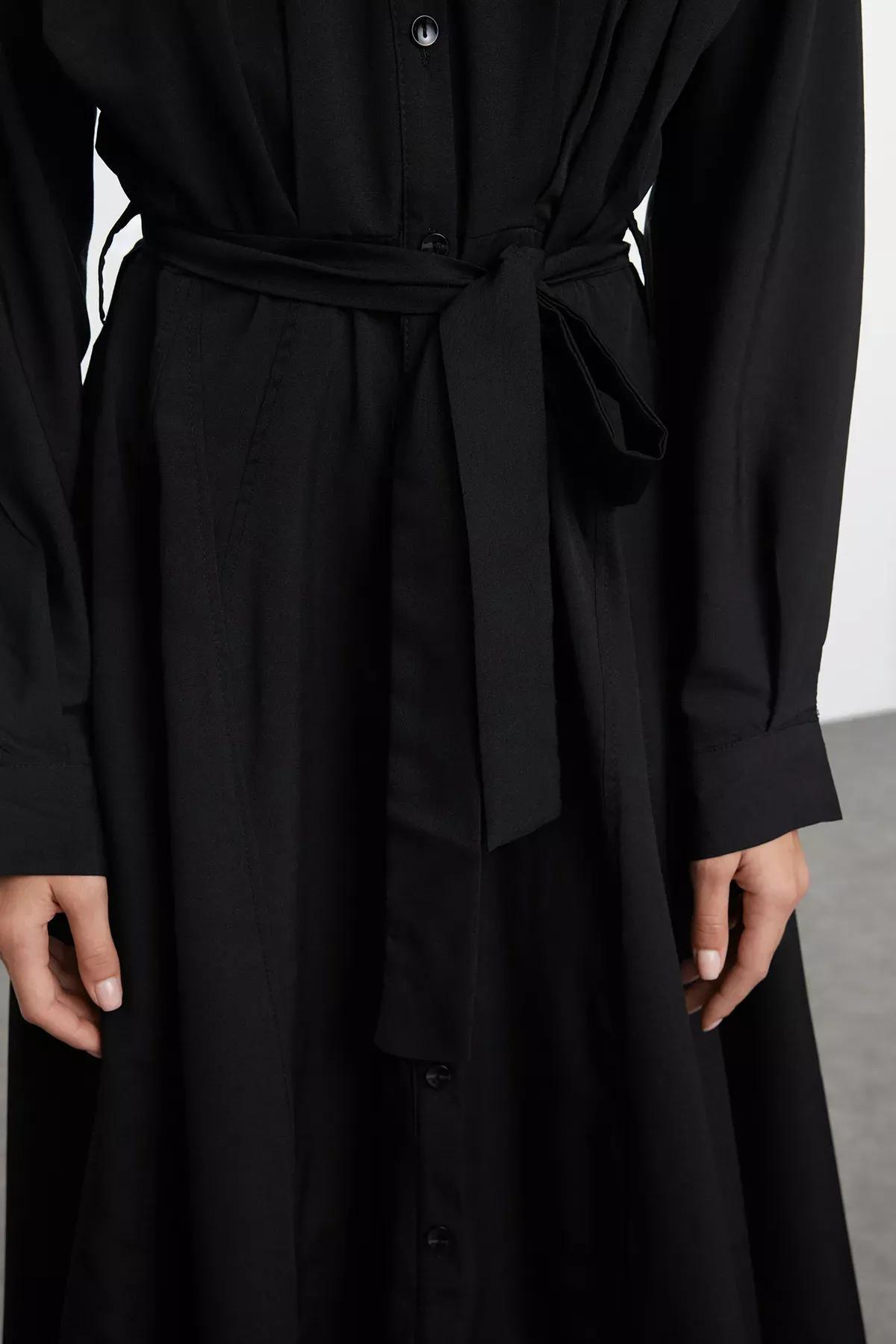 Black Belted Midi Shirt Dress, BLACK, large image number 3