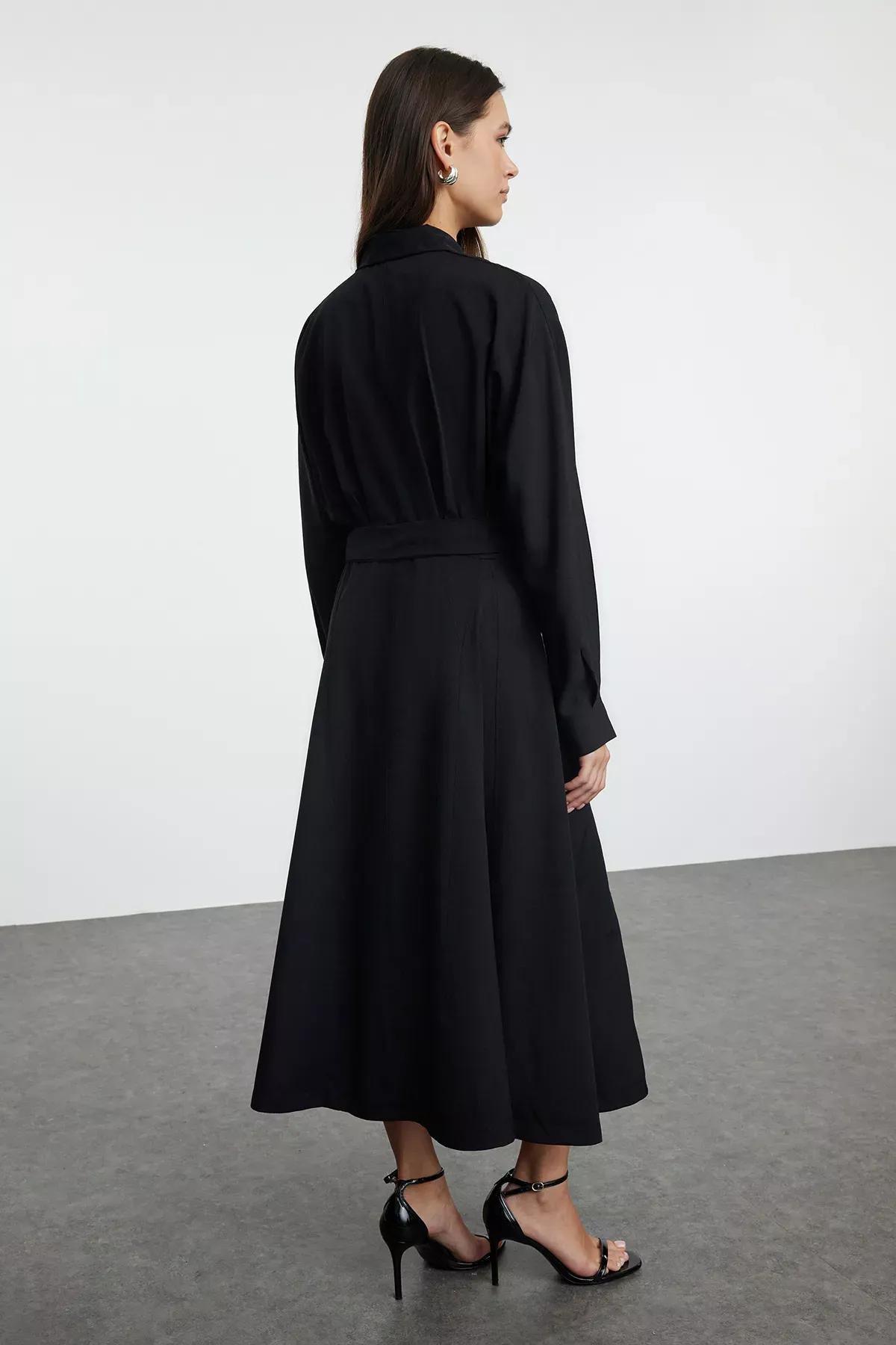 Black Belted Midi Shirt Dress, BLACK, large image number 4