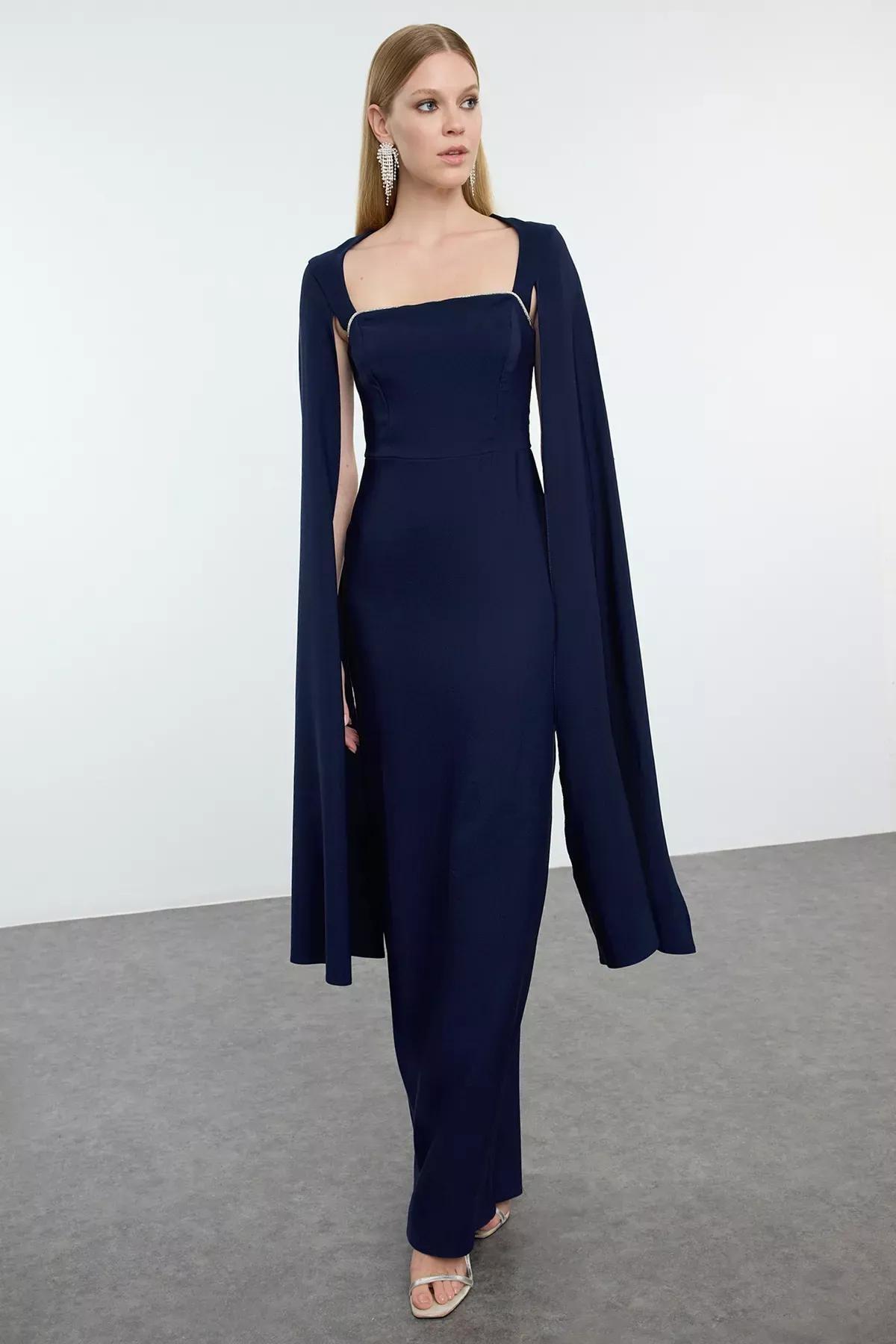 Blue  Grey Detail Occasionwear Dress, Navy blue, large image number 1