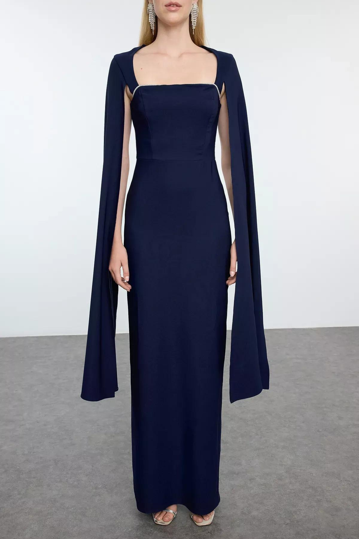 Blue  Grey Detail Occasionwear Dress, Navy blue, large image number 2