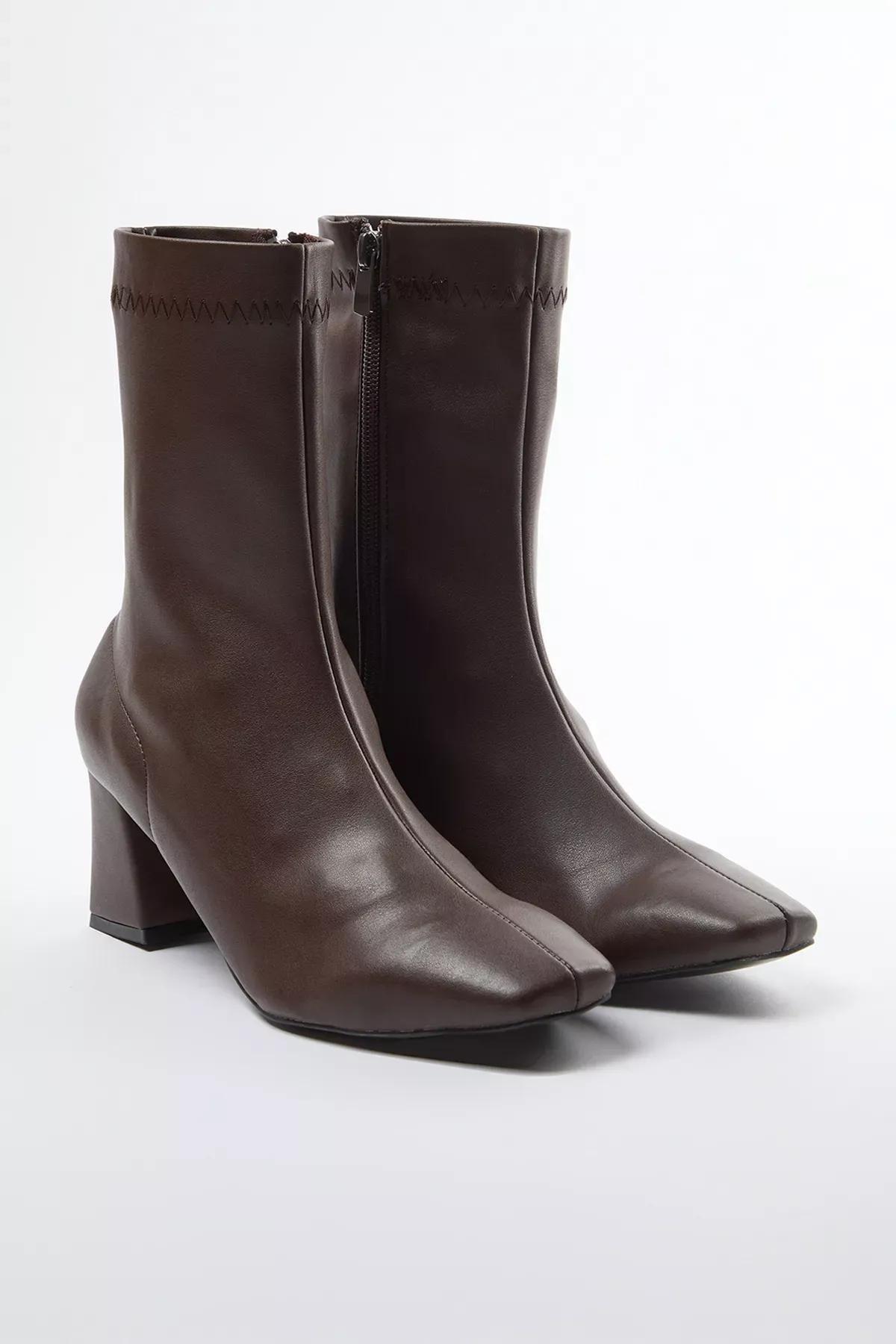 Brown Stretch Zipper Heel Boots, Brown, medium
