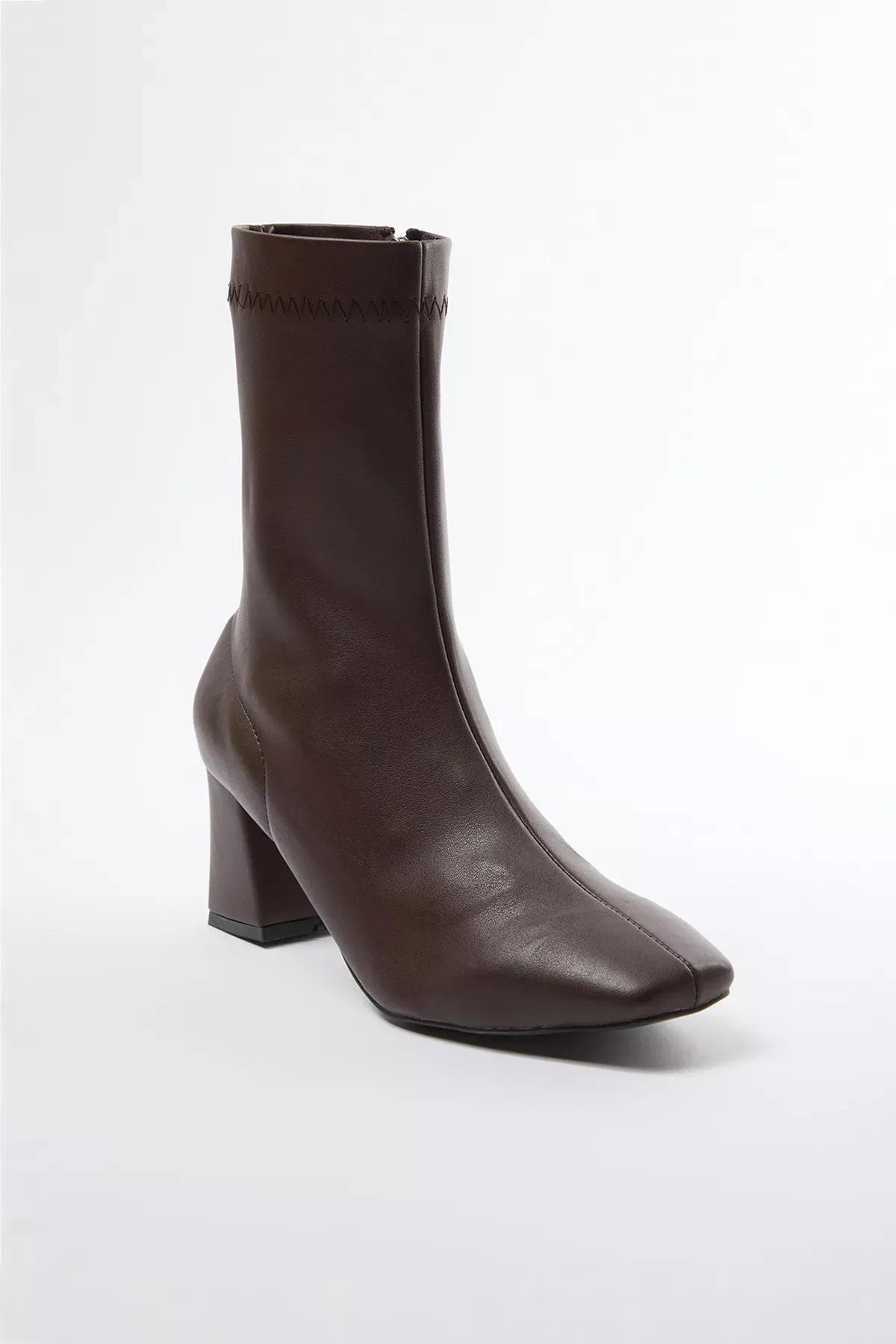 Brown Stretch Zipper Heel Boots, Brown, medium