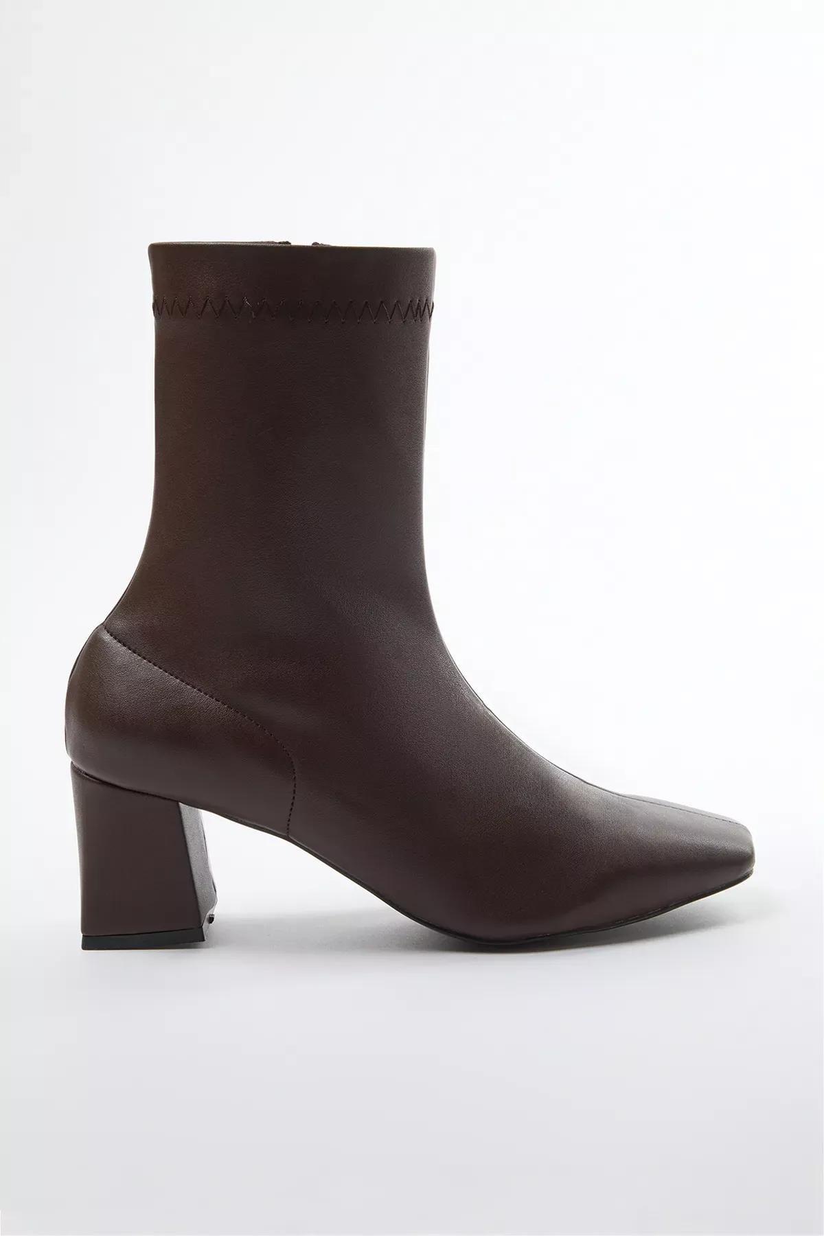 Brown Stretch Zipper Heel Boots, Brown, medium