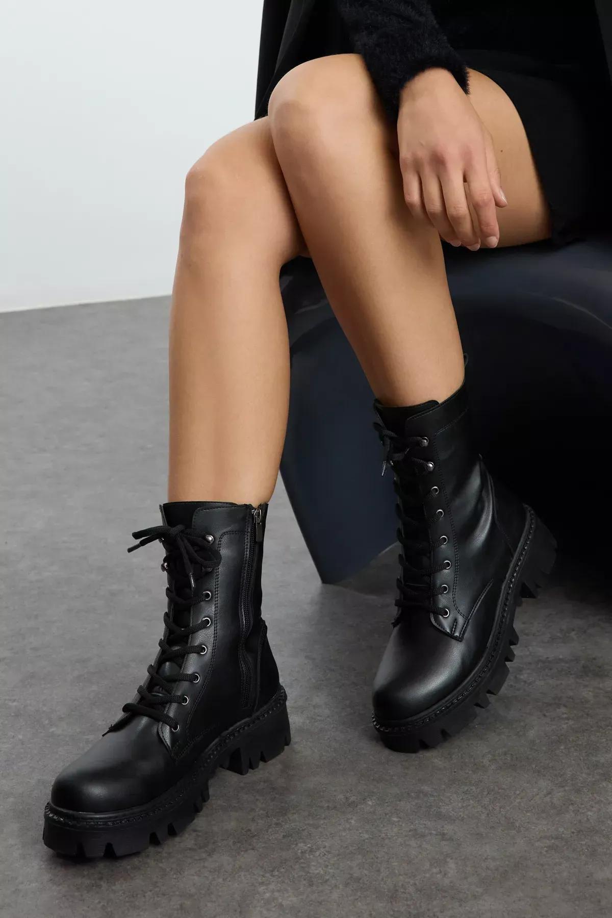 Black Lace Zipper Combat Boots, , large image number 0