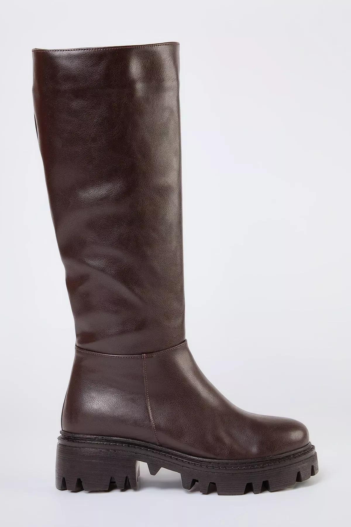 Brown Thick-Soled Zippered Boots, Dark brown, medium