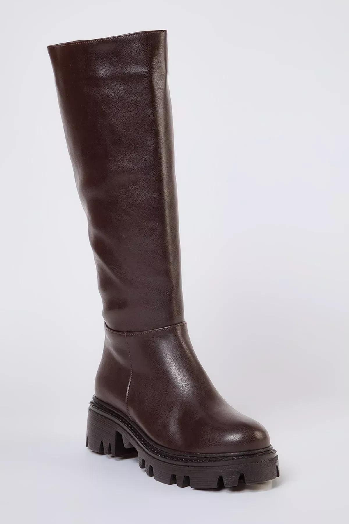 Brown Thick-Soled Zippered Boots, Dark brown, medium