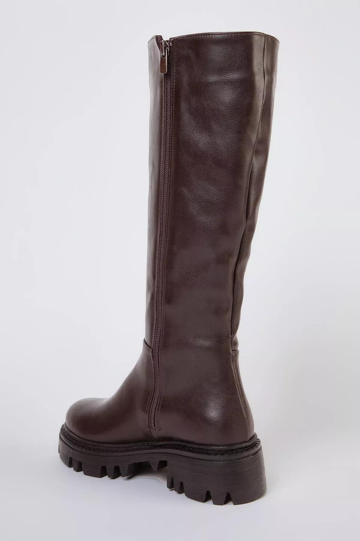 Brown Thick-Soled Zippered Boots, Dark brown, medium