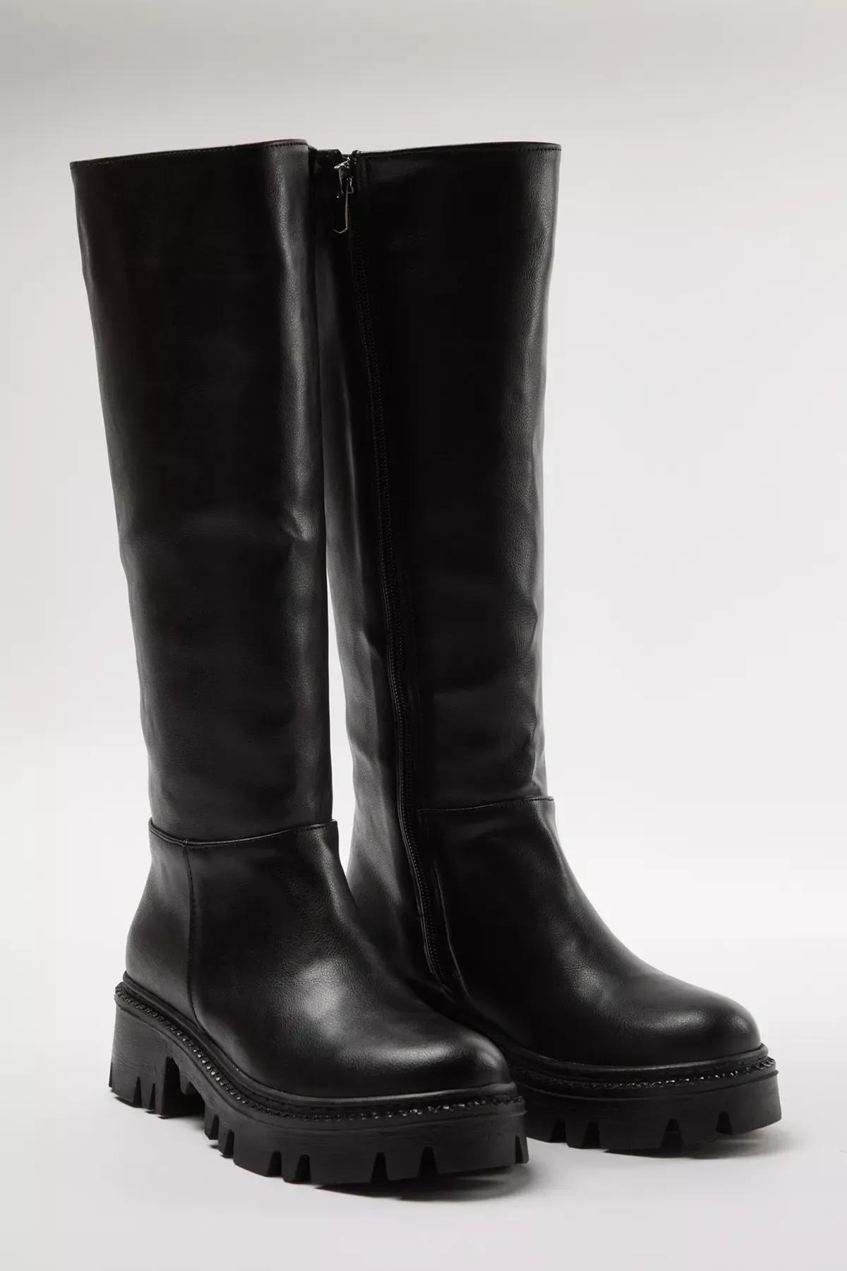 Black Thick-Soled Zippered Boots, BLACK, medium