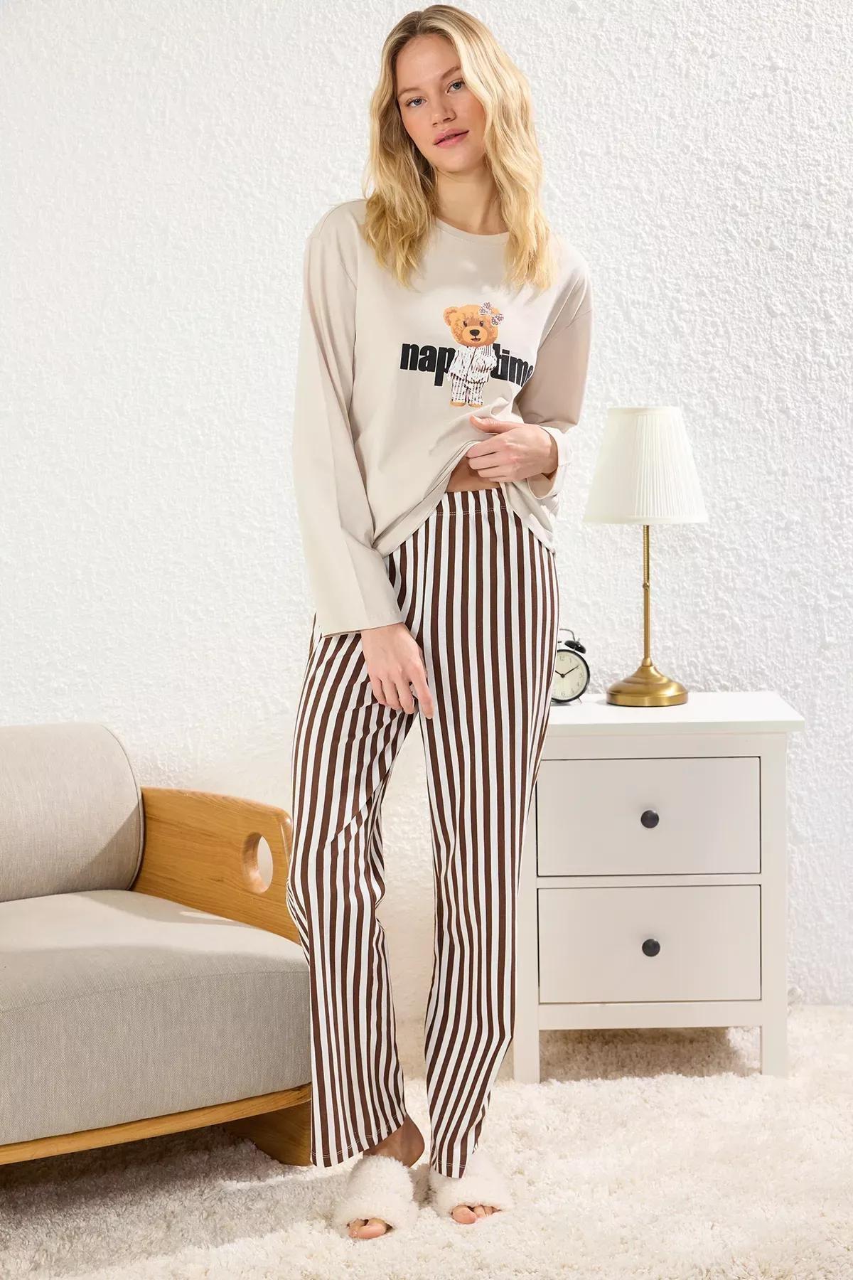 Women Beige Striped Teddy Bear Pajama Set, , large image number 1