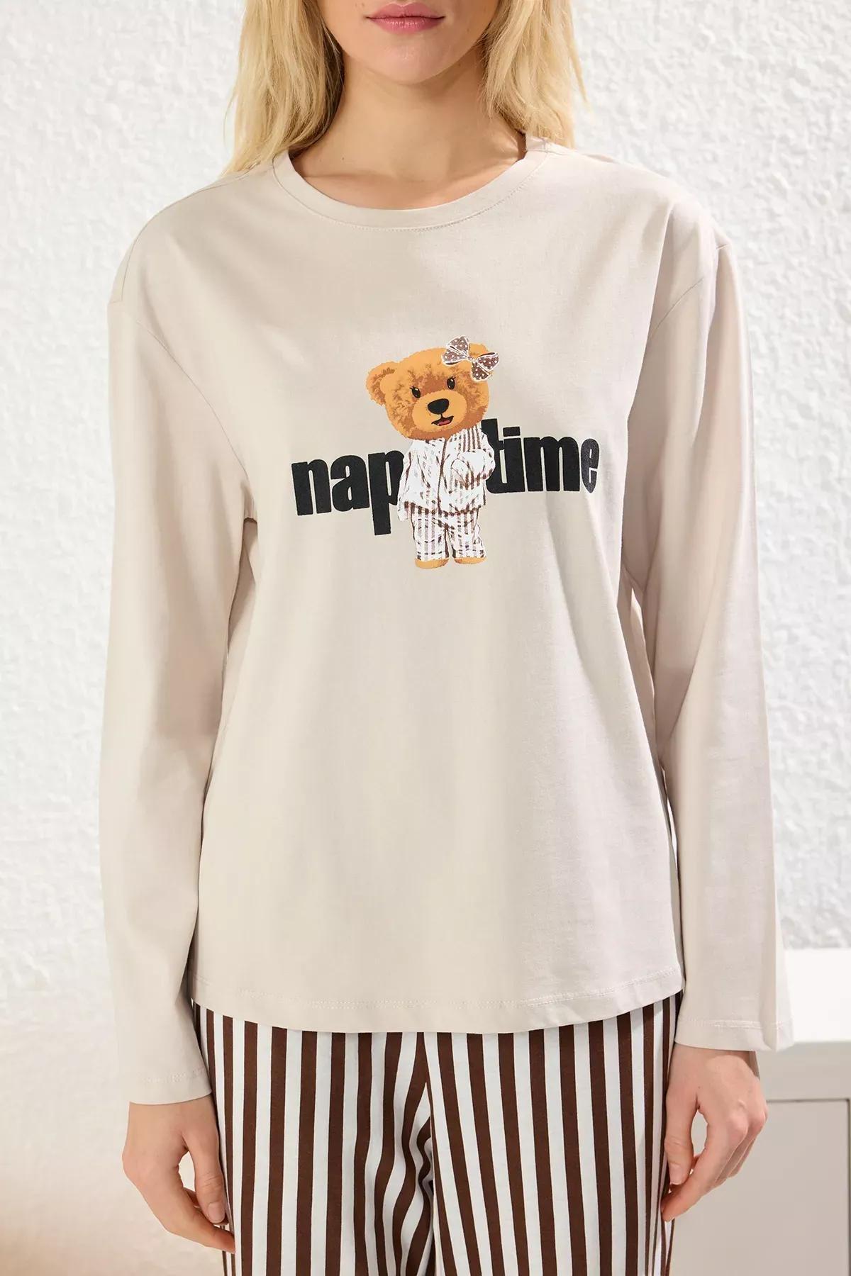 Women Beige Striped Teddy Bear Pajama Set, , large image number 3