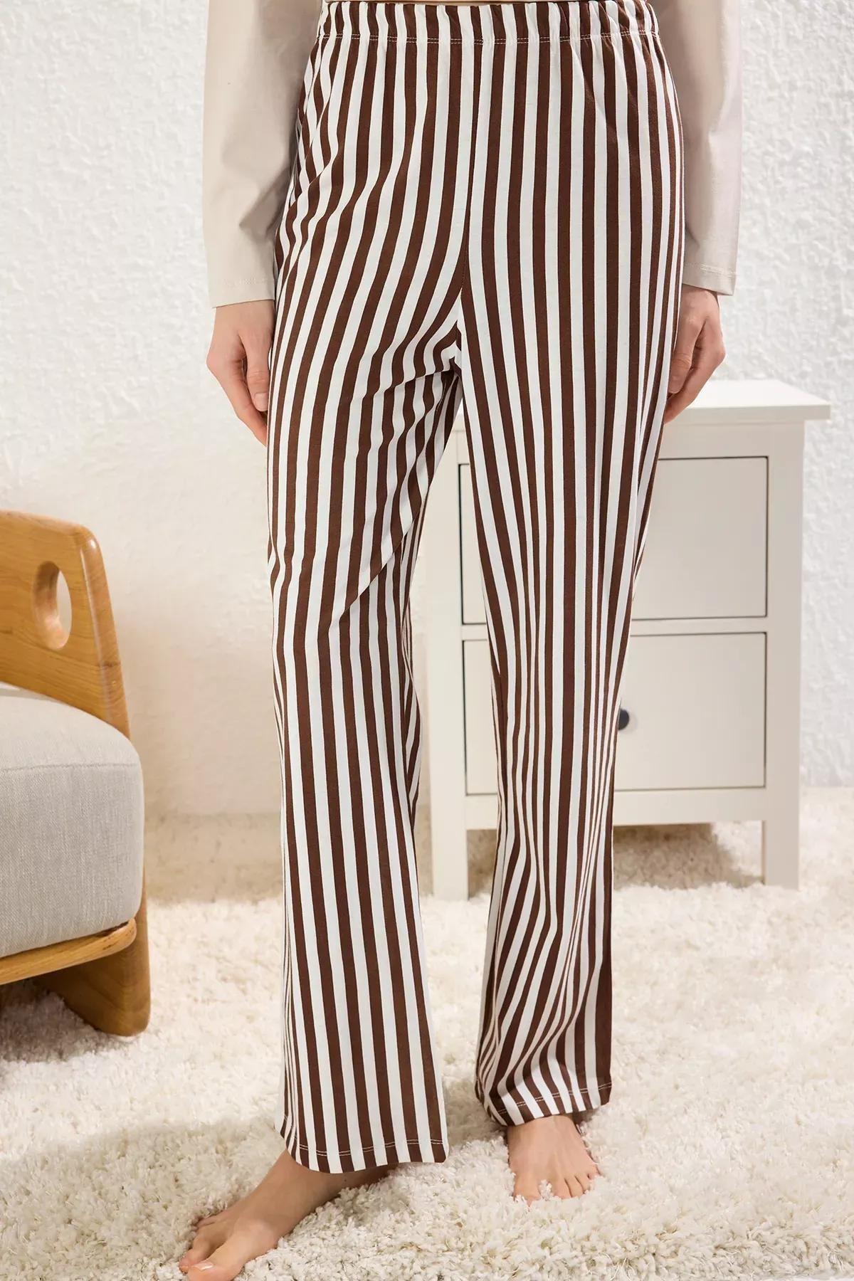 Women Beige Striped Teddy Bear Pajama Set, , large image number 4