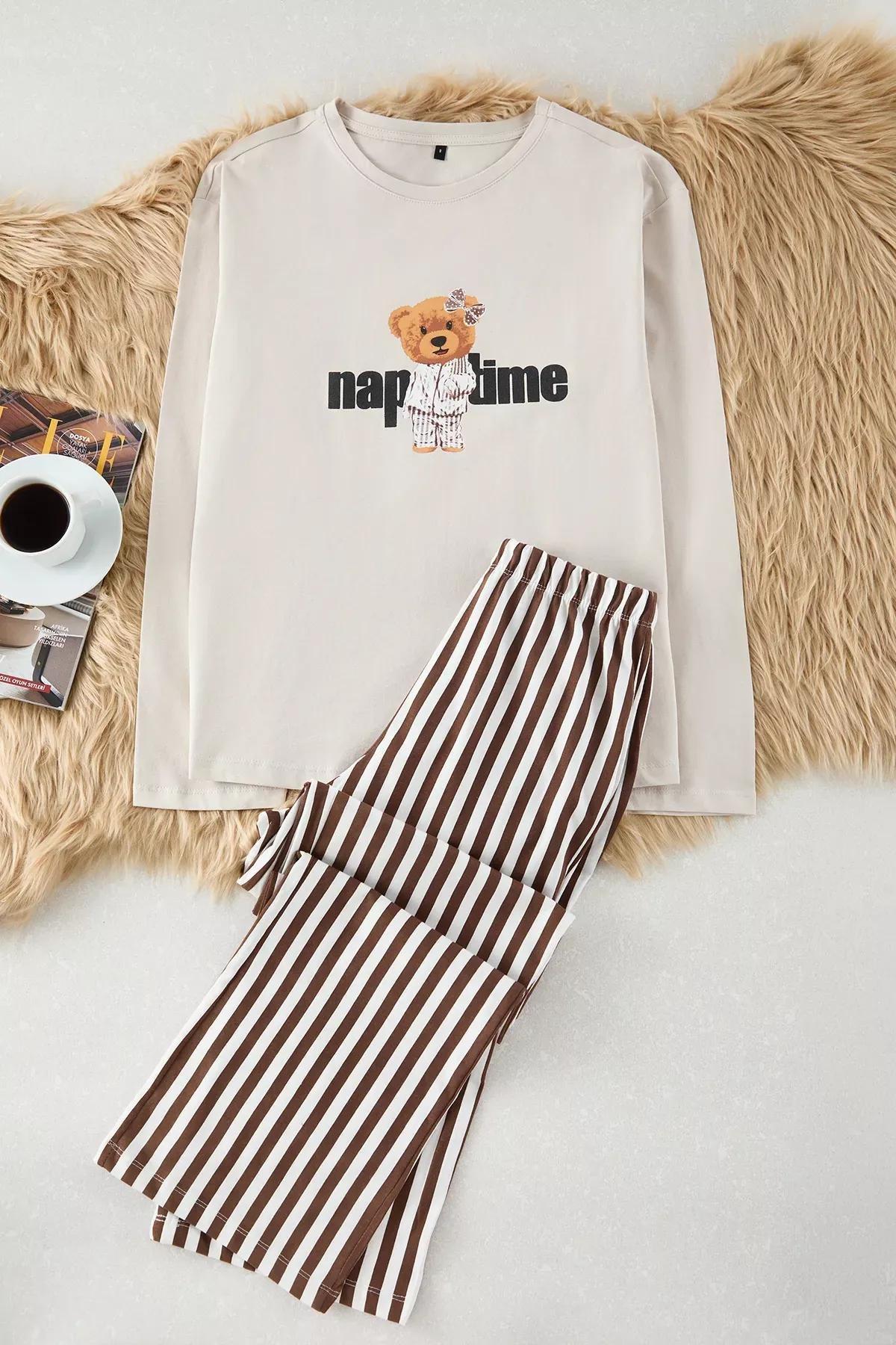 Women Beige Striped Teddy Bear Pajama Set, , large image number 5