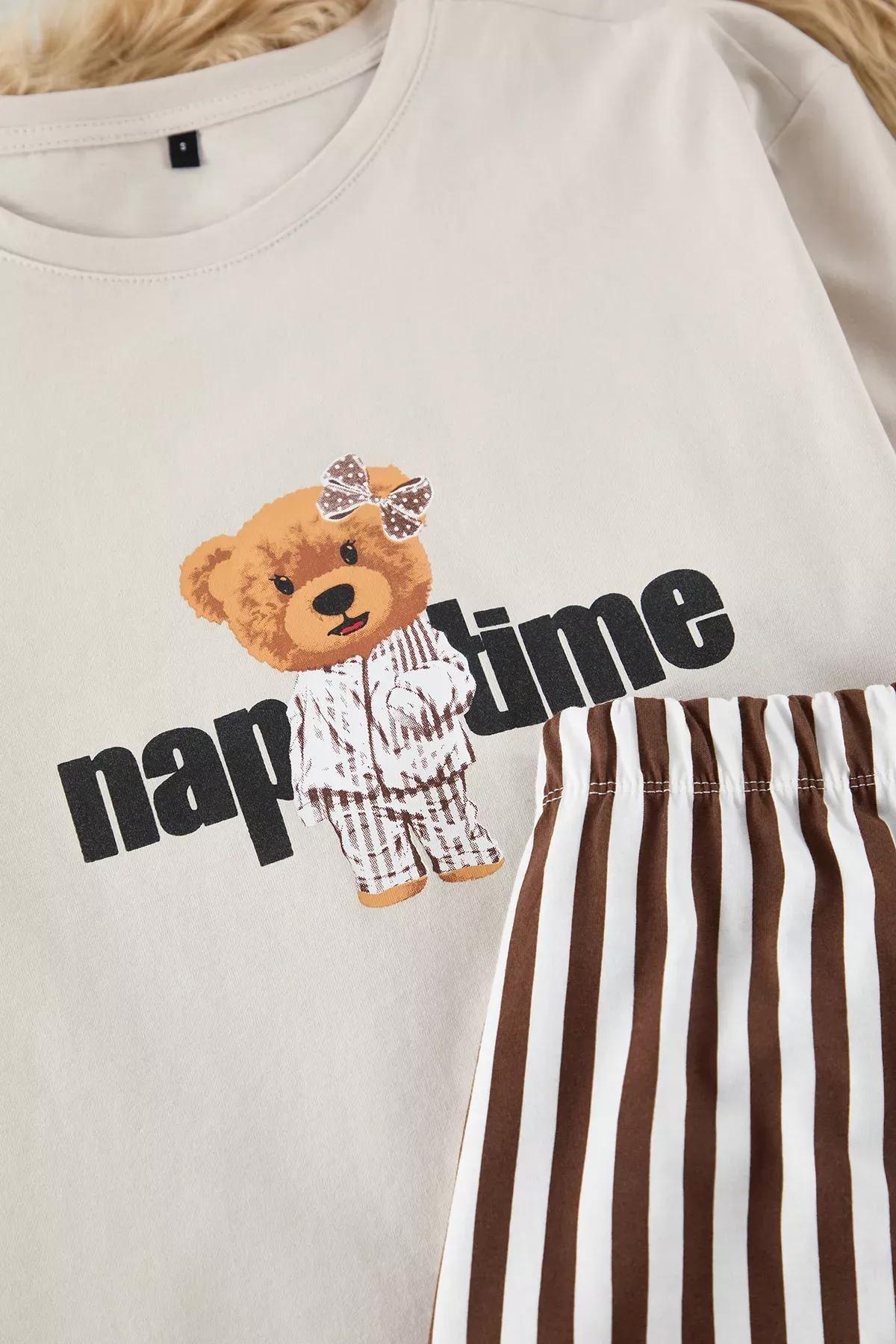 Women Beige Striped Teddy Bear Pajama Set, , large image number 6