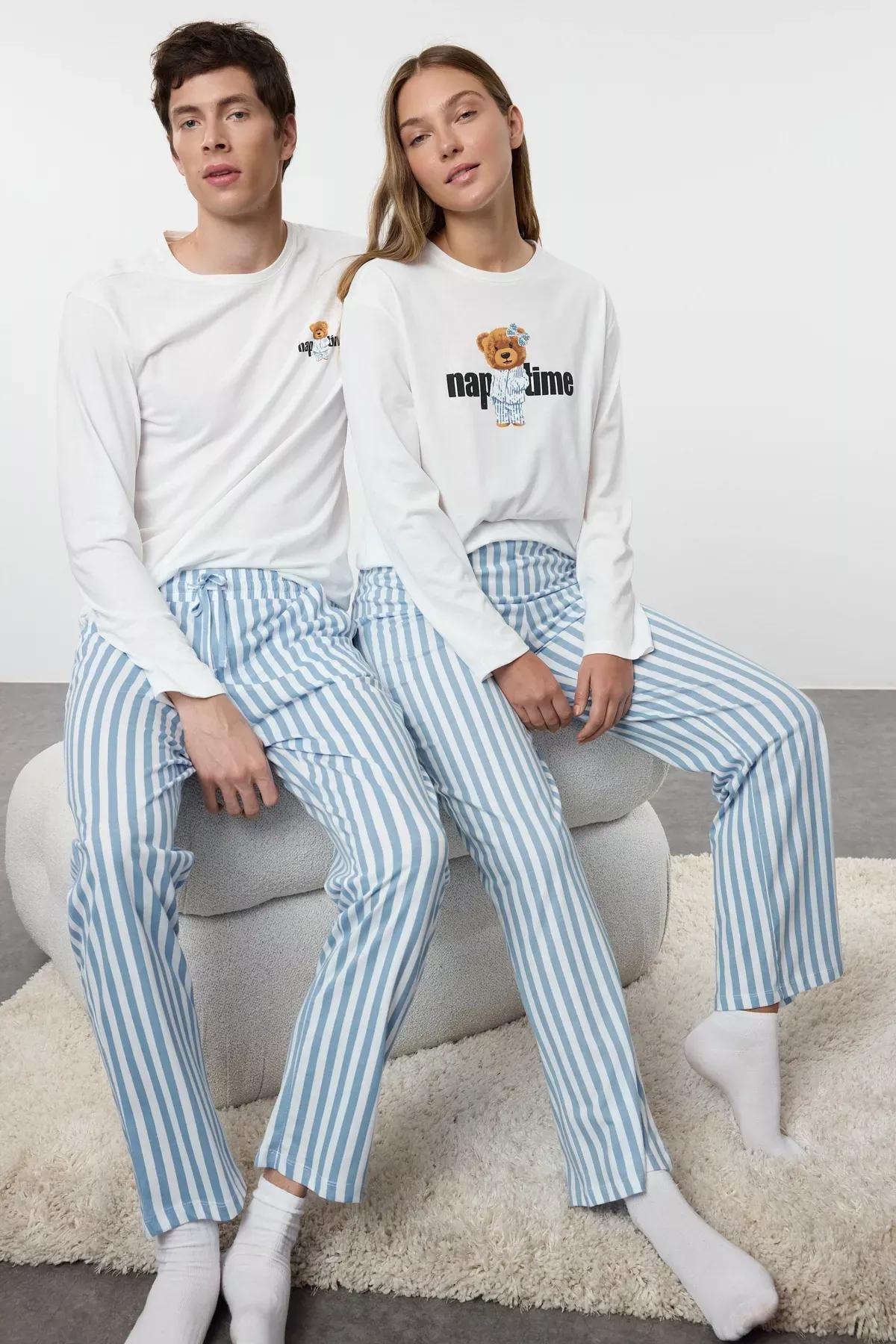 White Striped Teddy Bear Pajama Set, White, large image number 0