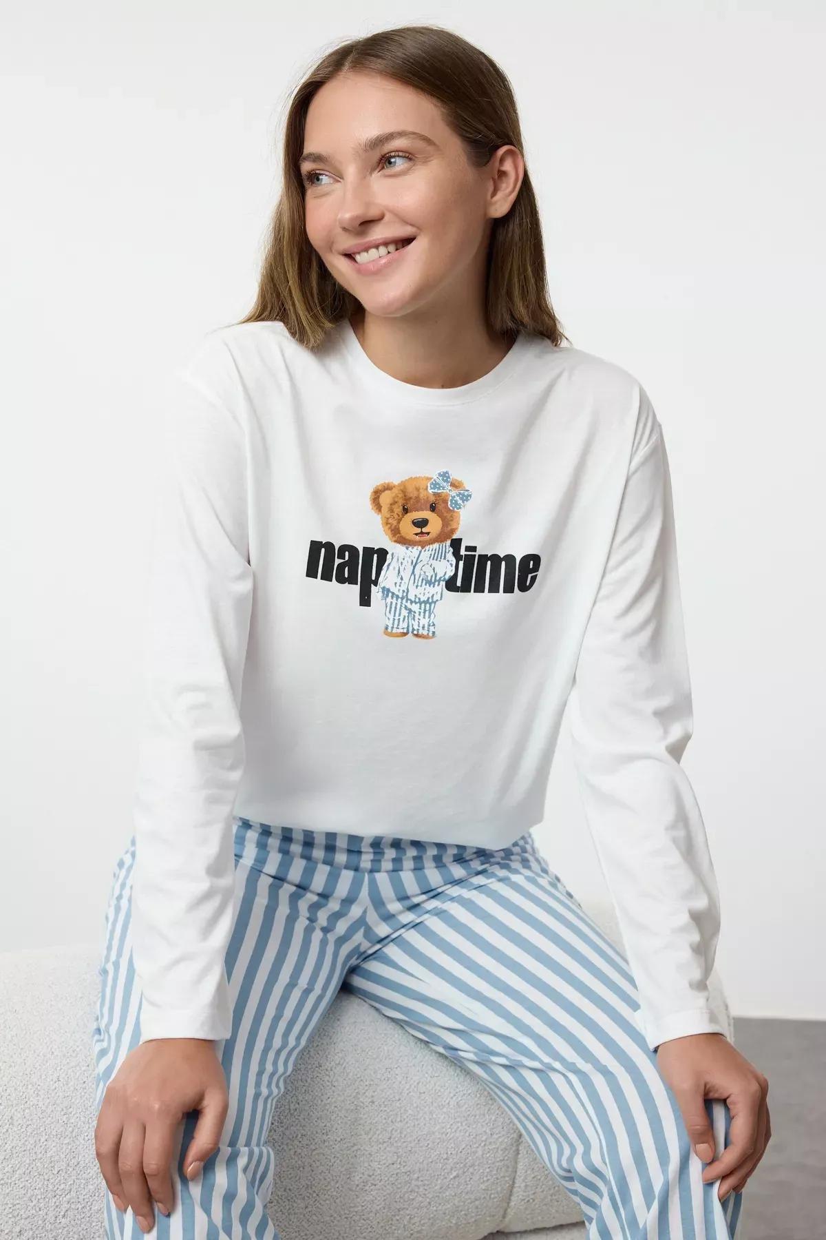White Striped Teddy Bear Pajama Set, White, large image number 1