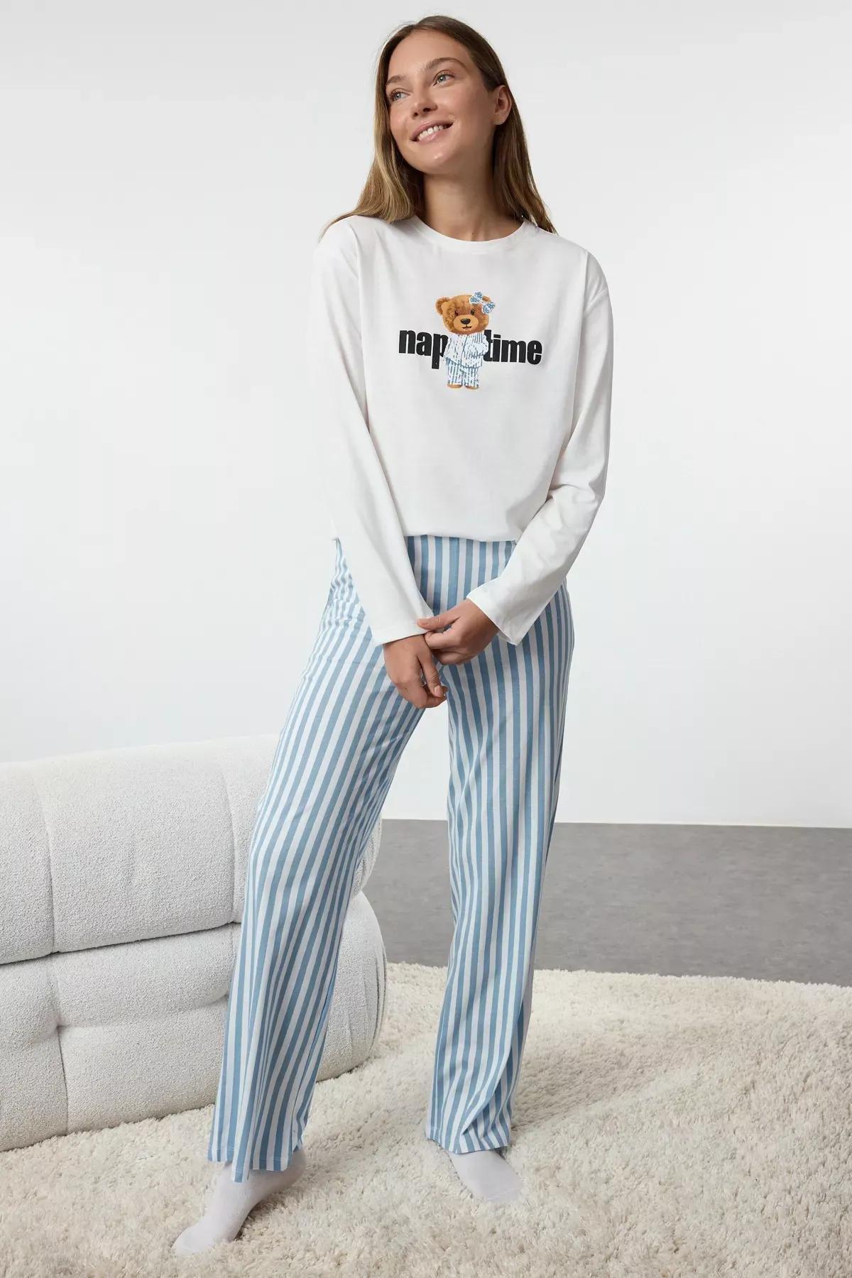 White Striped Teddy Bear Pajama Set, White, large image number 2