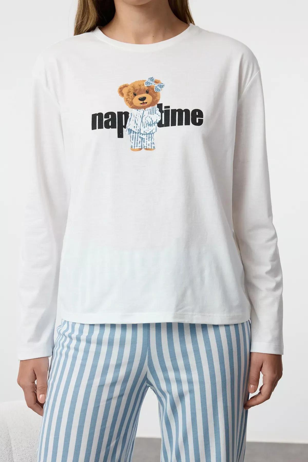 White Striped Teddy Bear Pajama Set, White, large image number 3