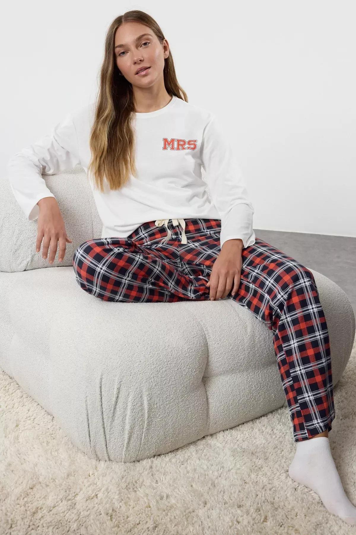 White Plaid Slogan Knitted Pyjamas Set, White, large image number 1