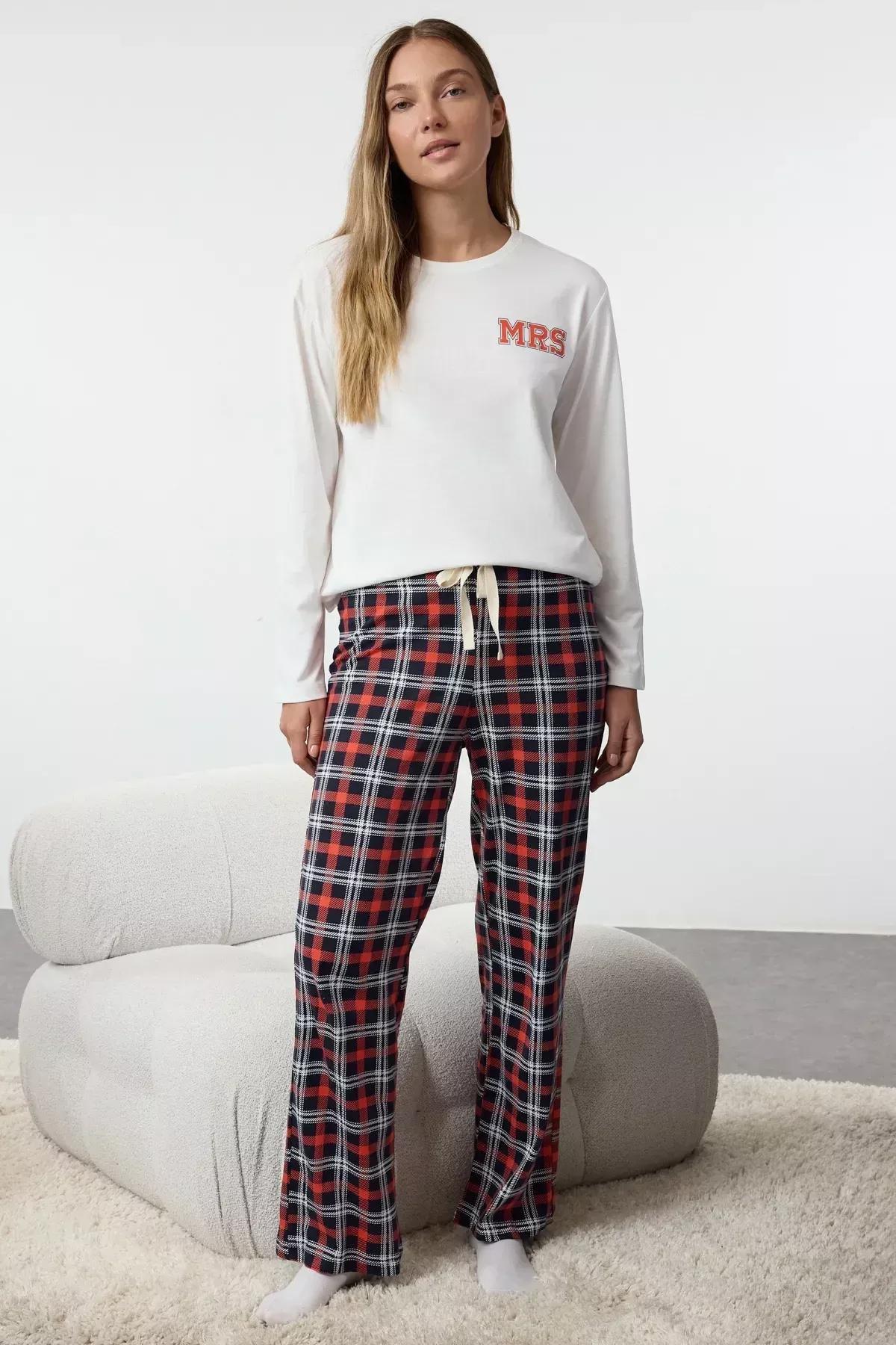 White Plaid Slogan Knitted Pyjamas Set, White, large image number 2