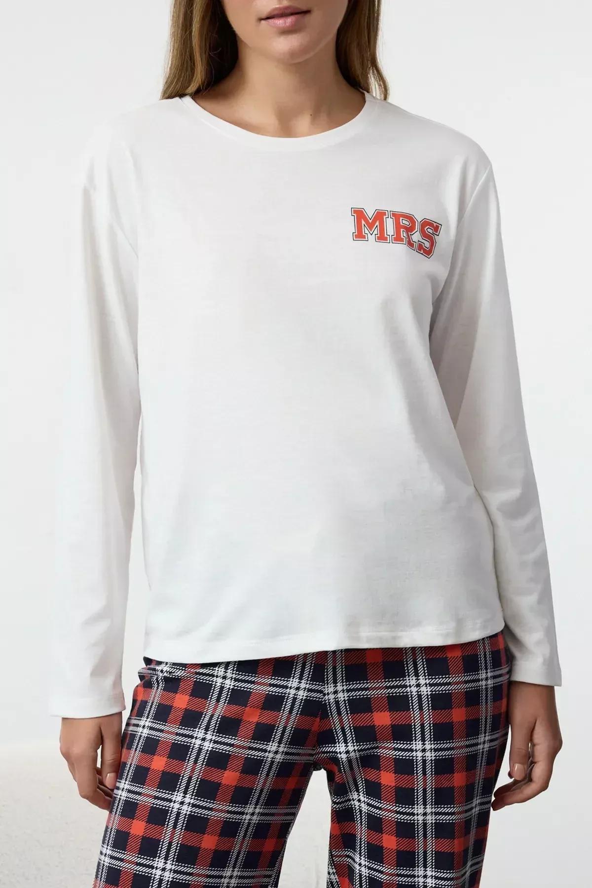 White Plaid Slogan Knitted Pyjamas Set, White, large image number 3