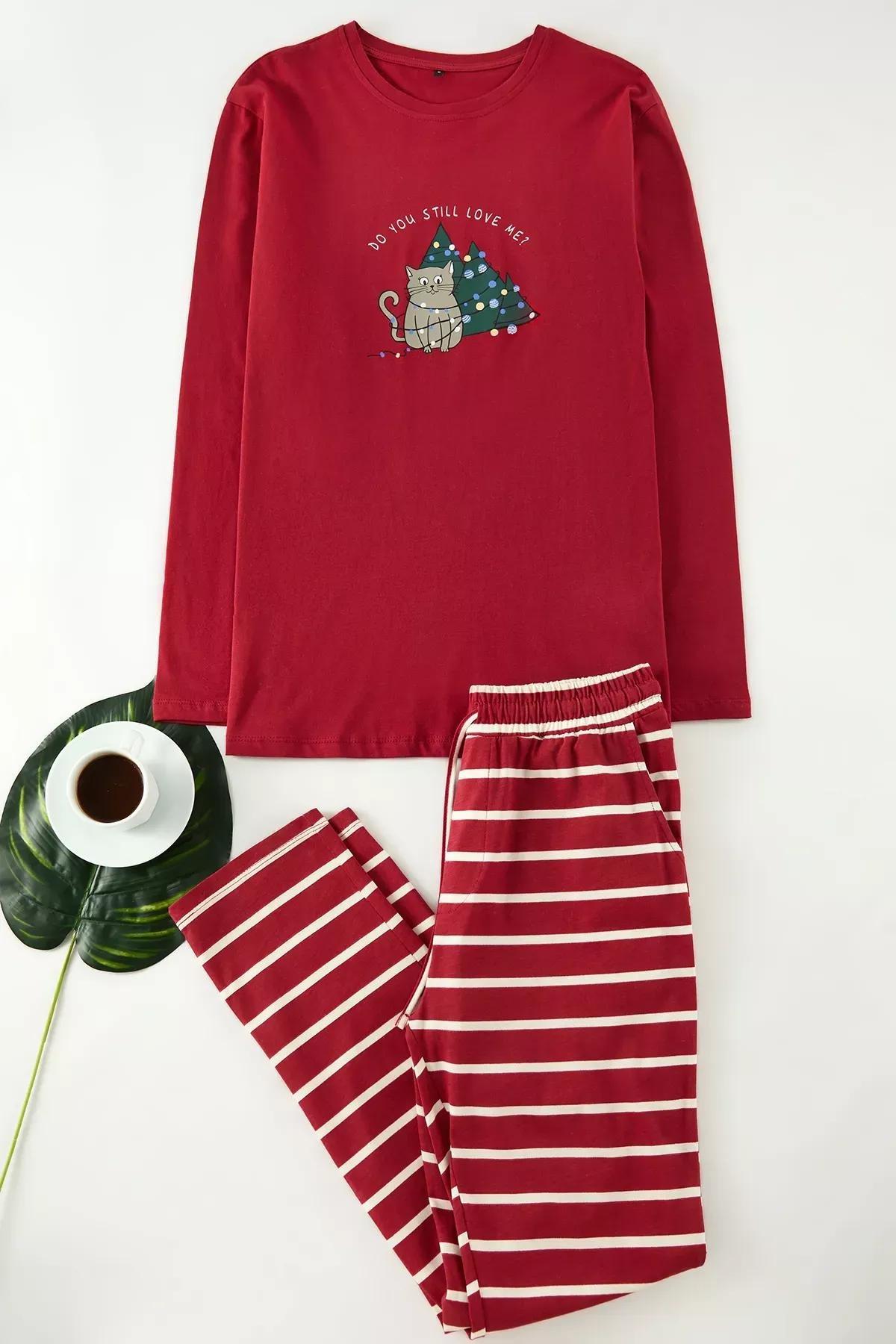 Red Striped Regular Fit Christmas Pajama Set, Red, large image number 0