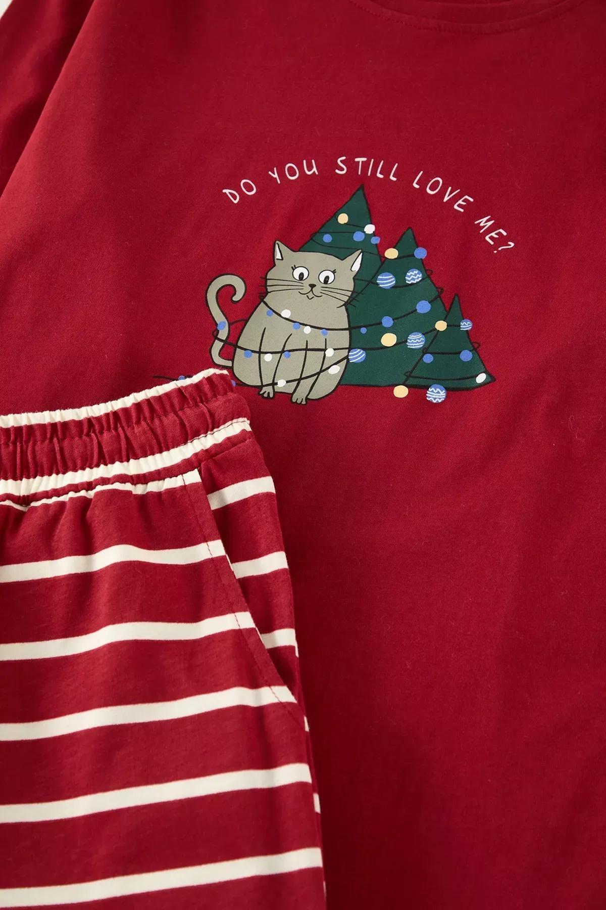 Red Striped Regular Fit Christmas Pajama Set, Red, medium