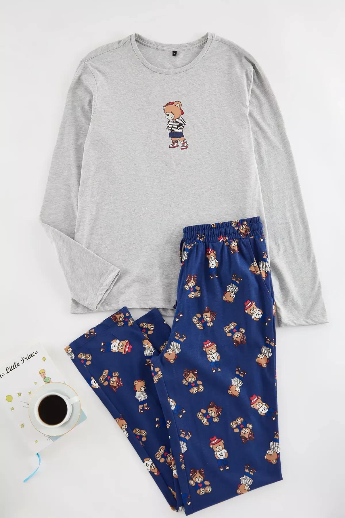 Grey Teddy Bear Knitted Pajama Set, GRAY MELANGE, large image number 5