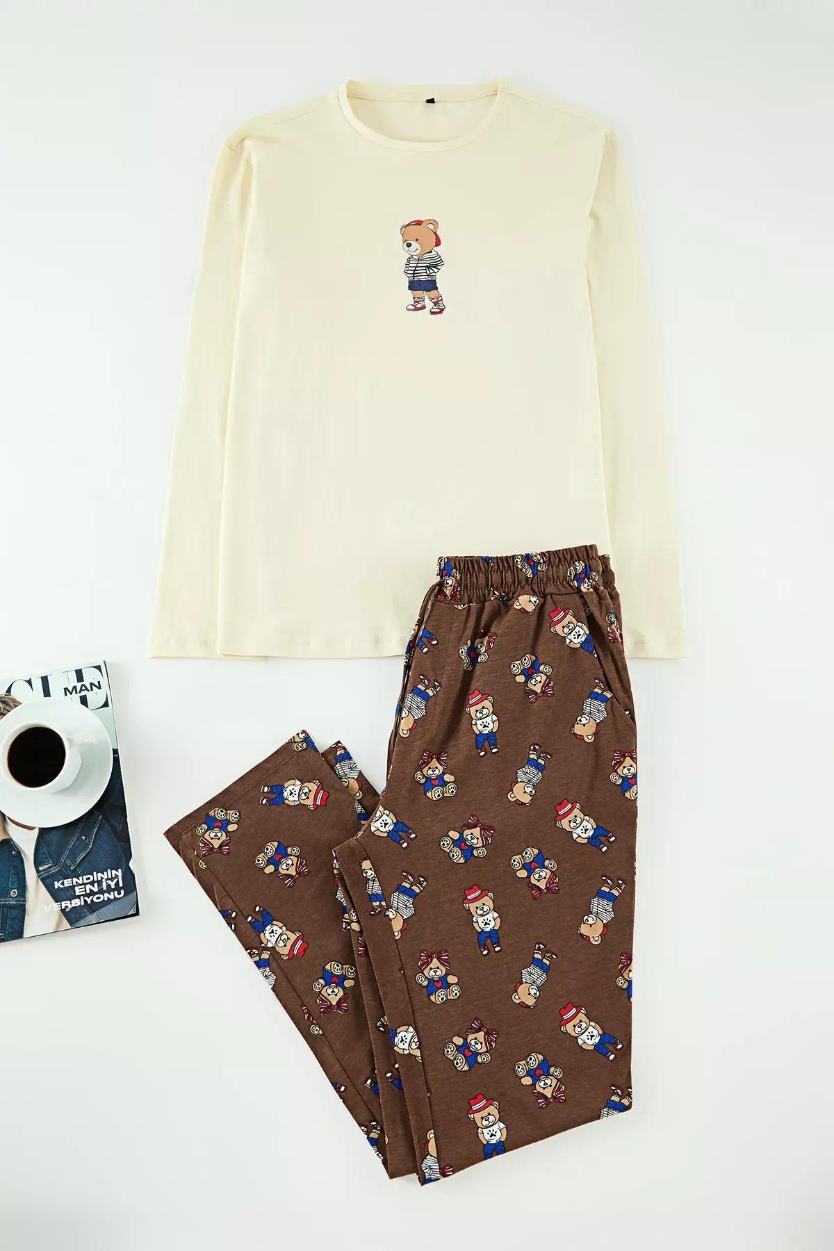Multicolour Printed Knitted Pyjamas Set, STONE, large image number 0