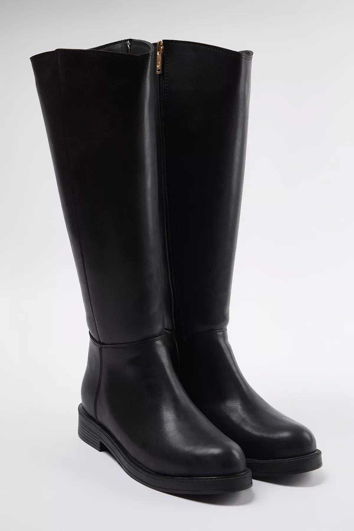 Black Zippered Flat Heel Boots, , large image number 2
