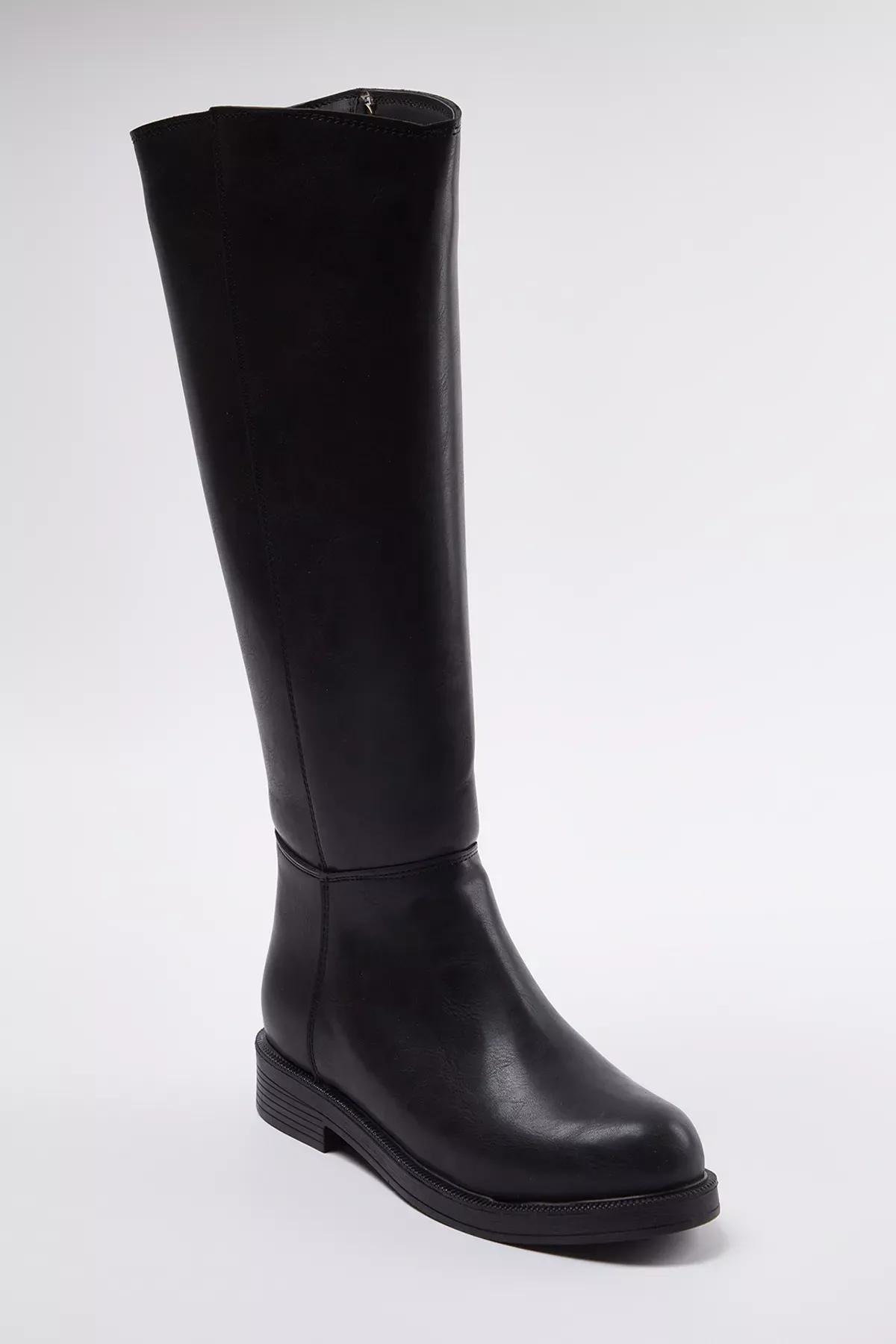 Black Zippered Flat Heel Boots, BLACK, large image number 5