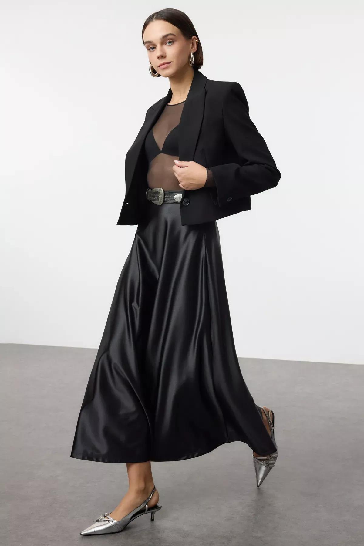 Black A-Line Knit Skirt, BLACK, large image number 1