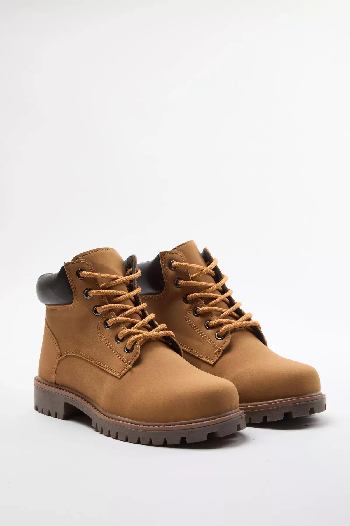 Camel Lace-Up Flat Boots, , large image number 1