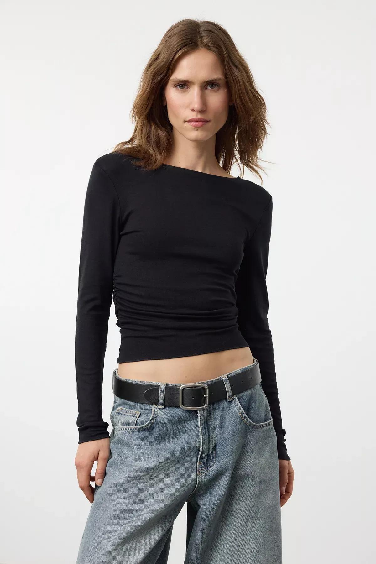 Black Draped Boat Neck Blouse, , large image number 0