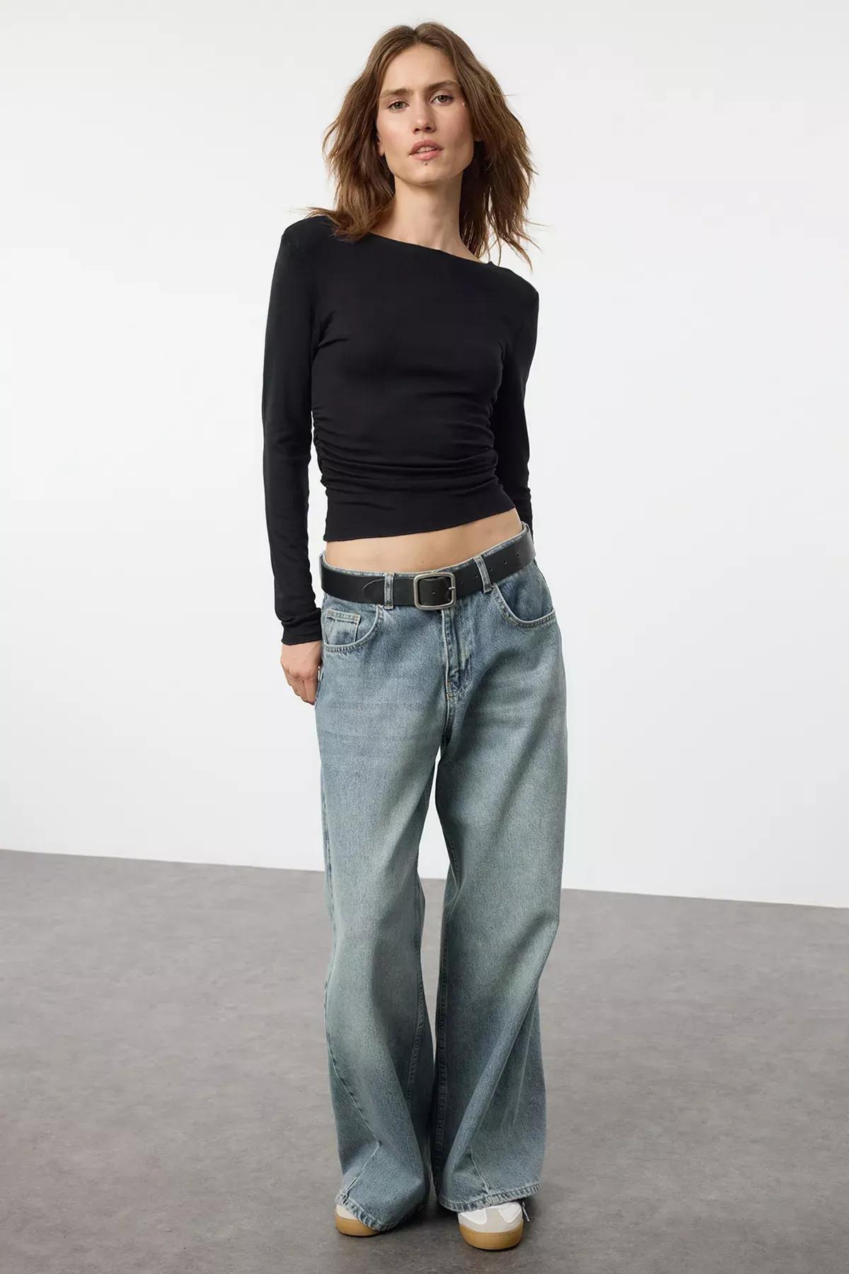 Black Draped Boat Neck Blouse, , large image number 1