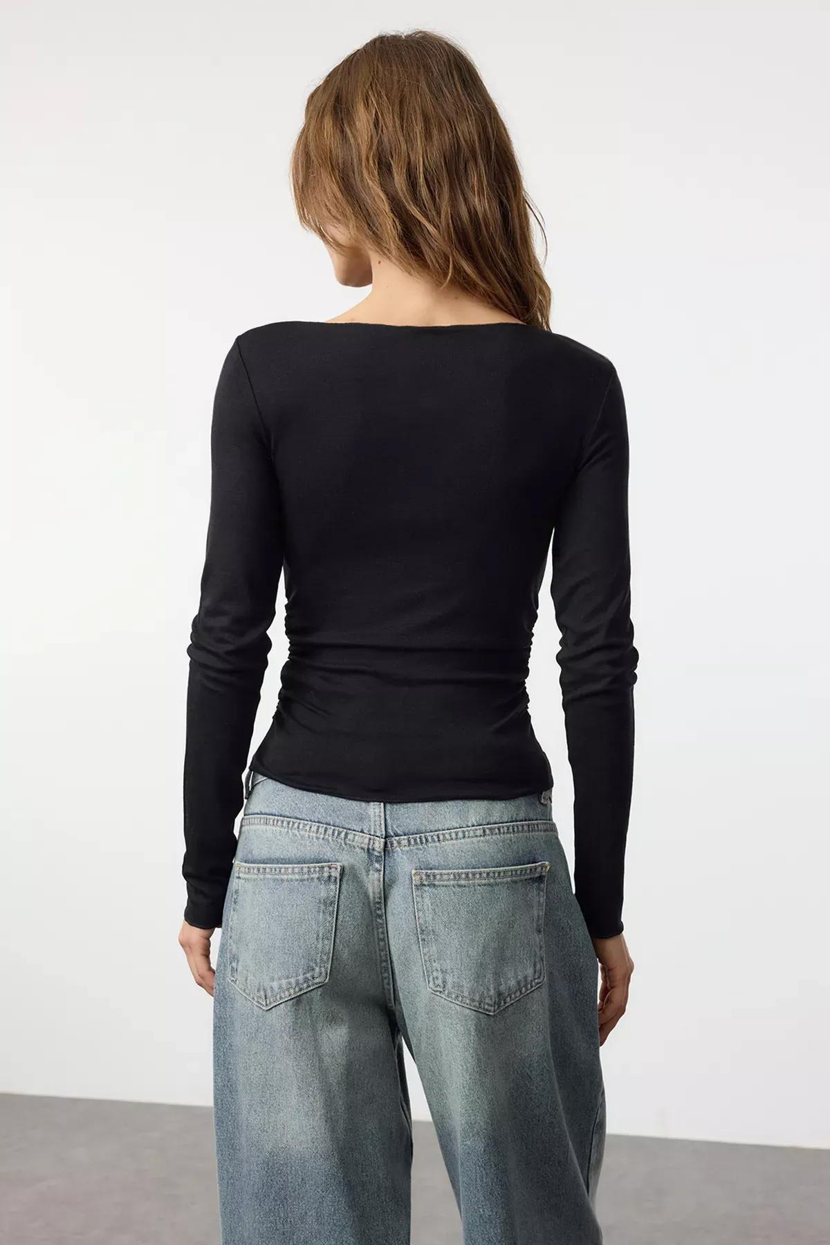 Black Draped Boat Neck Blouse, , large image number 4